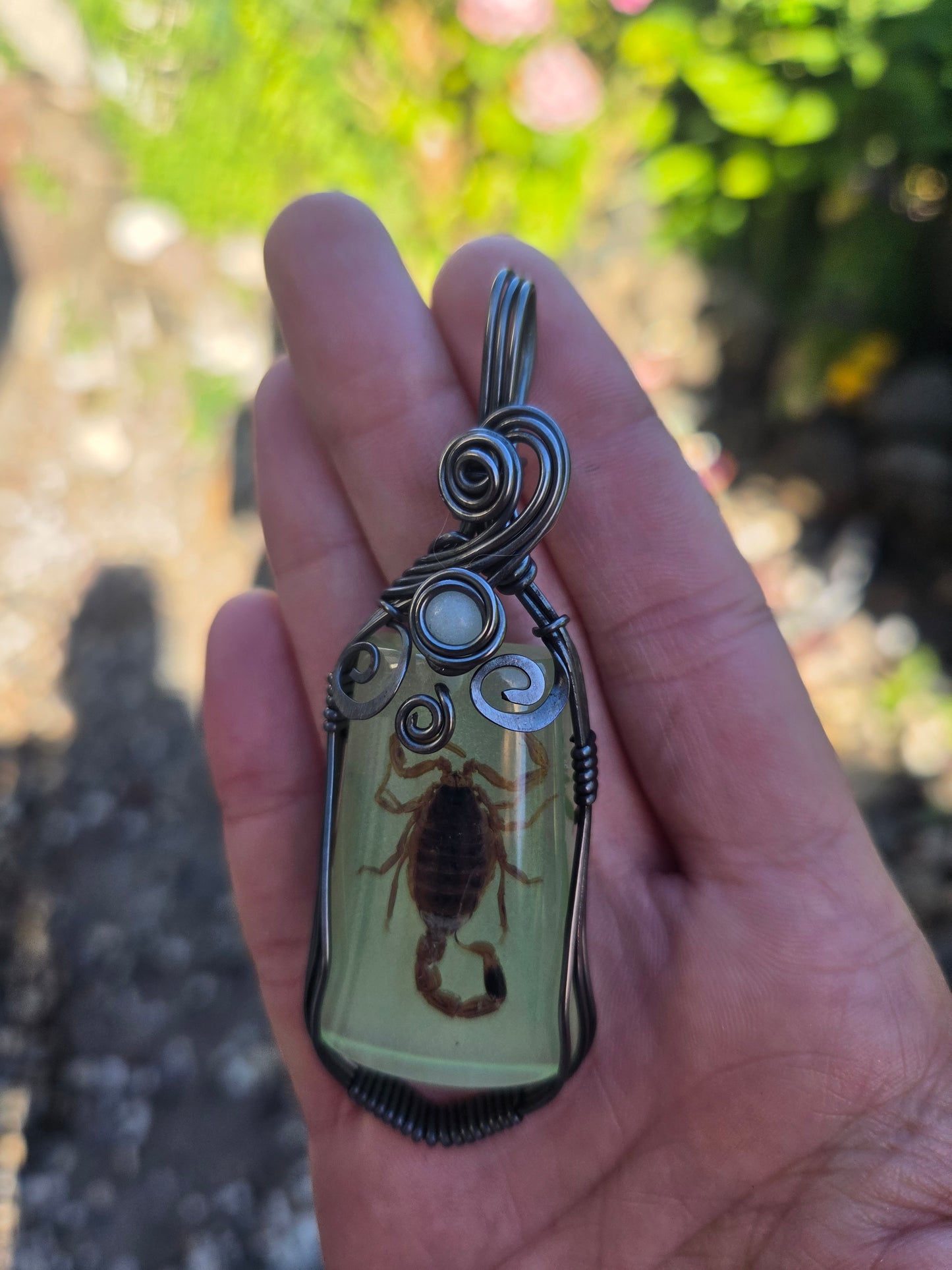 Handcrafted Oxidized Copper Wire Wrap Pendant Featuring Glow in the Dark Scorpion