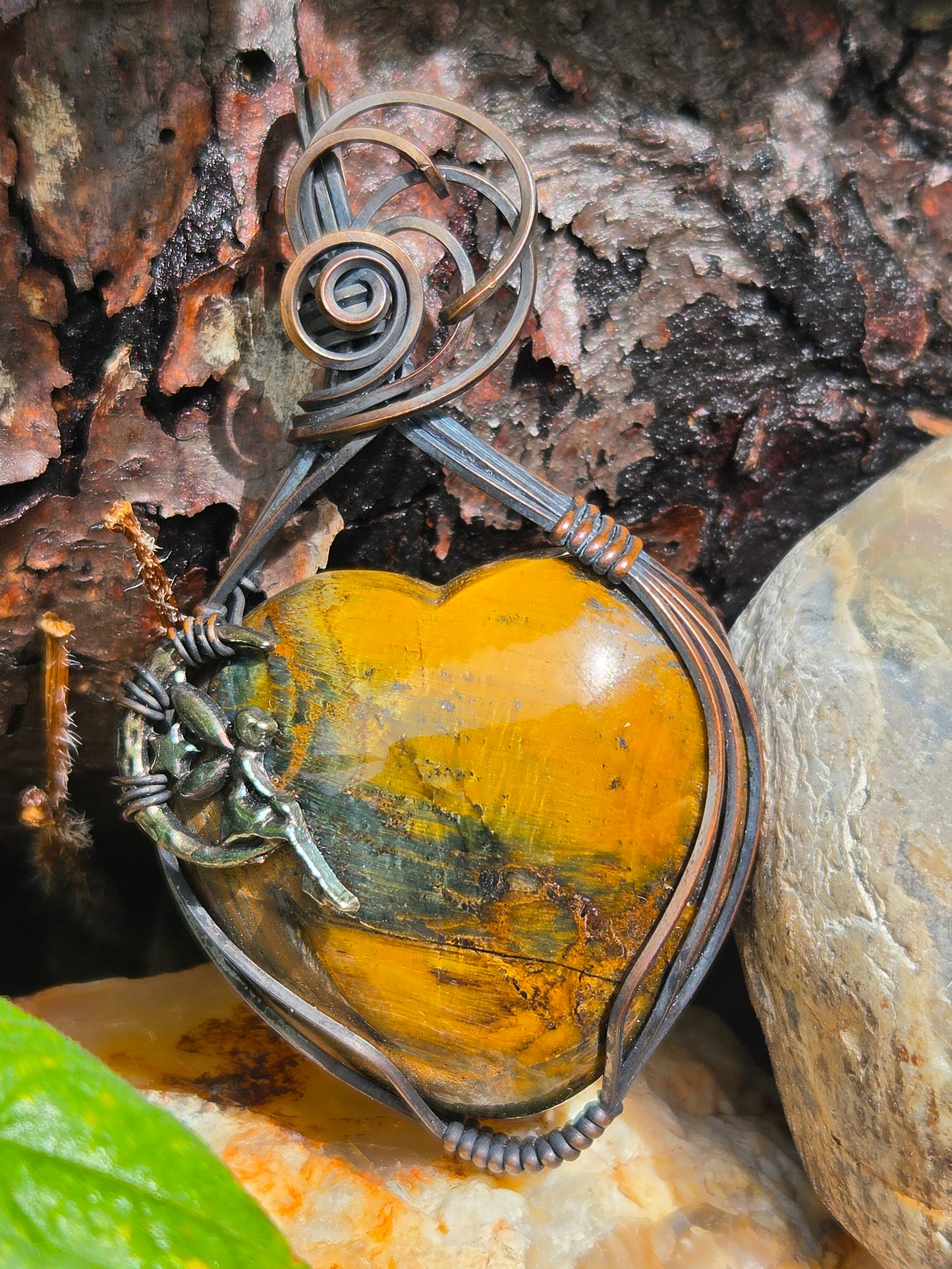 Tigers Eye Heart with Crescent Moon & Fairy Charm Pendant