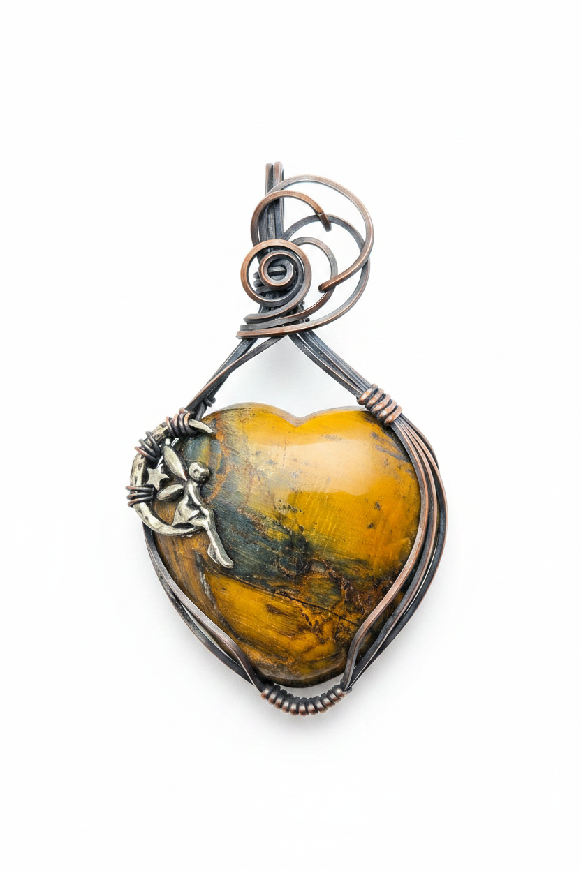 Tigers Eye Heart with Crescent Moon & Fairy Charm Pendant