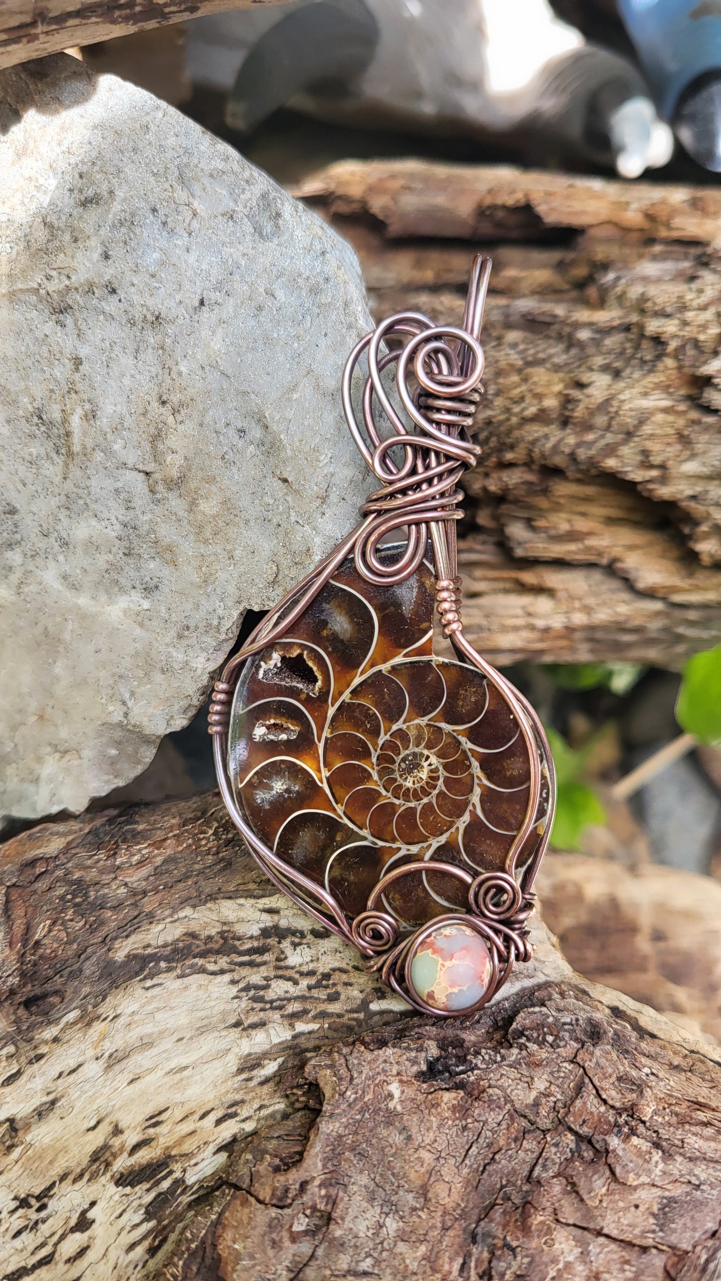 Ammonite Fossil w Shoushan Stone Accent Copper Wire Wrap Pendant