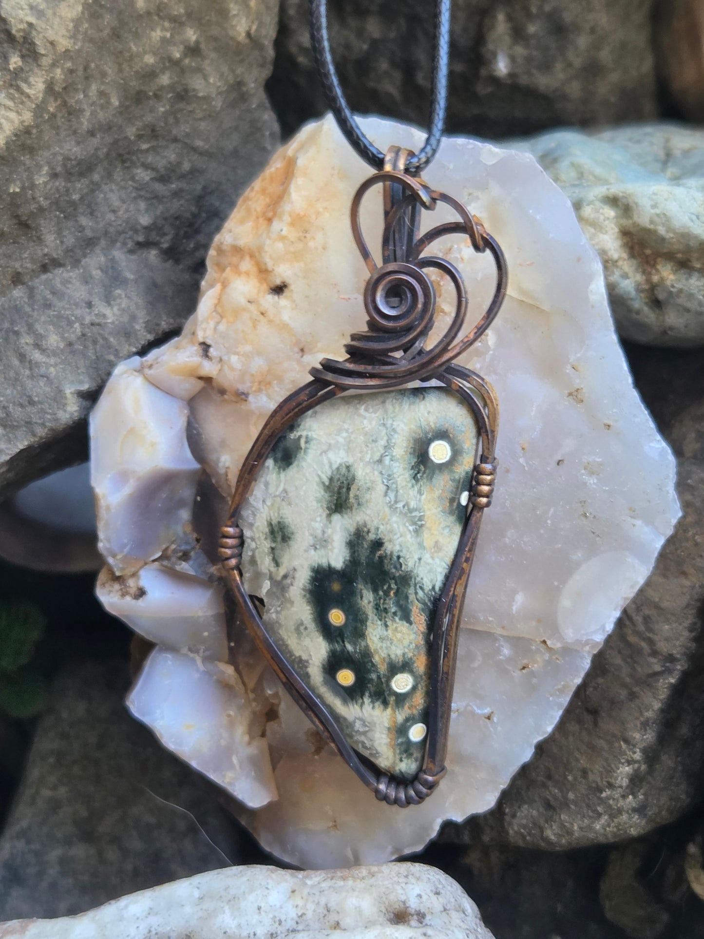 Handcrafted Oxidized Copper Wire Wrap Pendant Featuring Ocean Jasper