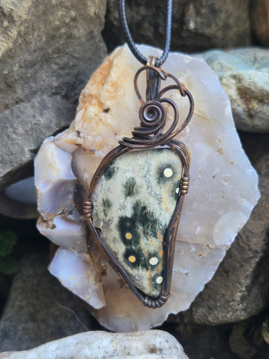 Handcrafted Oxidized Copper Wire Wrap Pendant Featuring Ocean Jasper