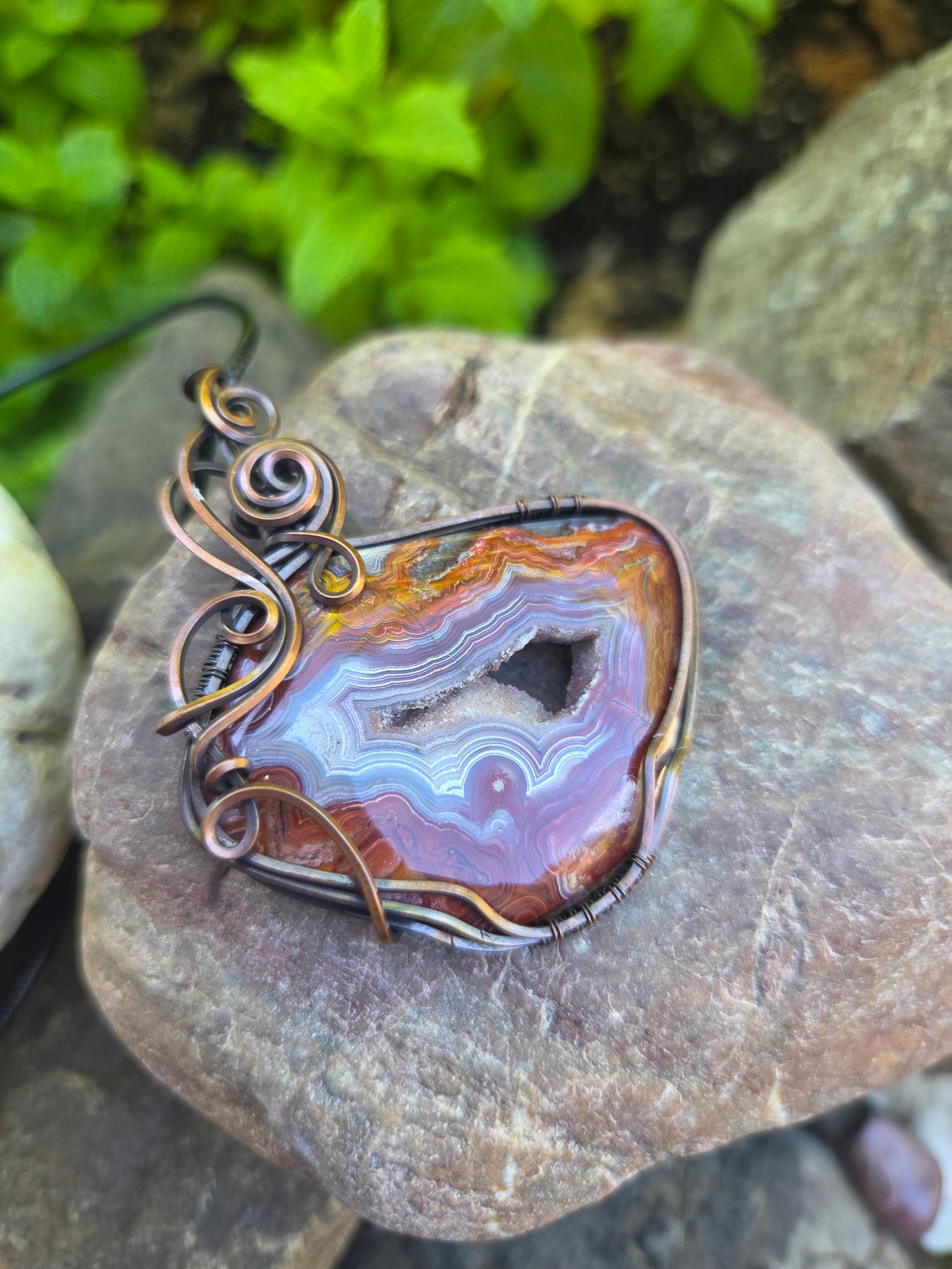 Crazy Lace Agate W/ Druzy Copper Wire Wrap Pendant