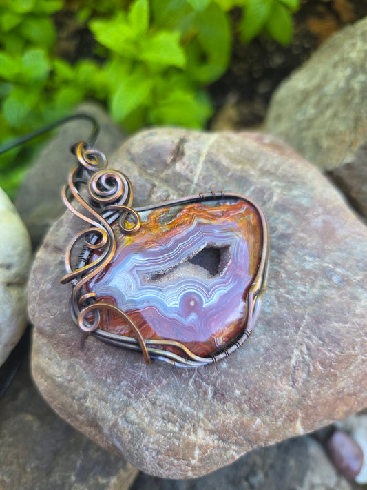 Crazy Lace Agate W/ Druzy Copper Wire Wrap Pendant