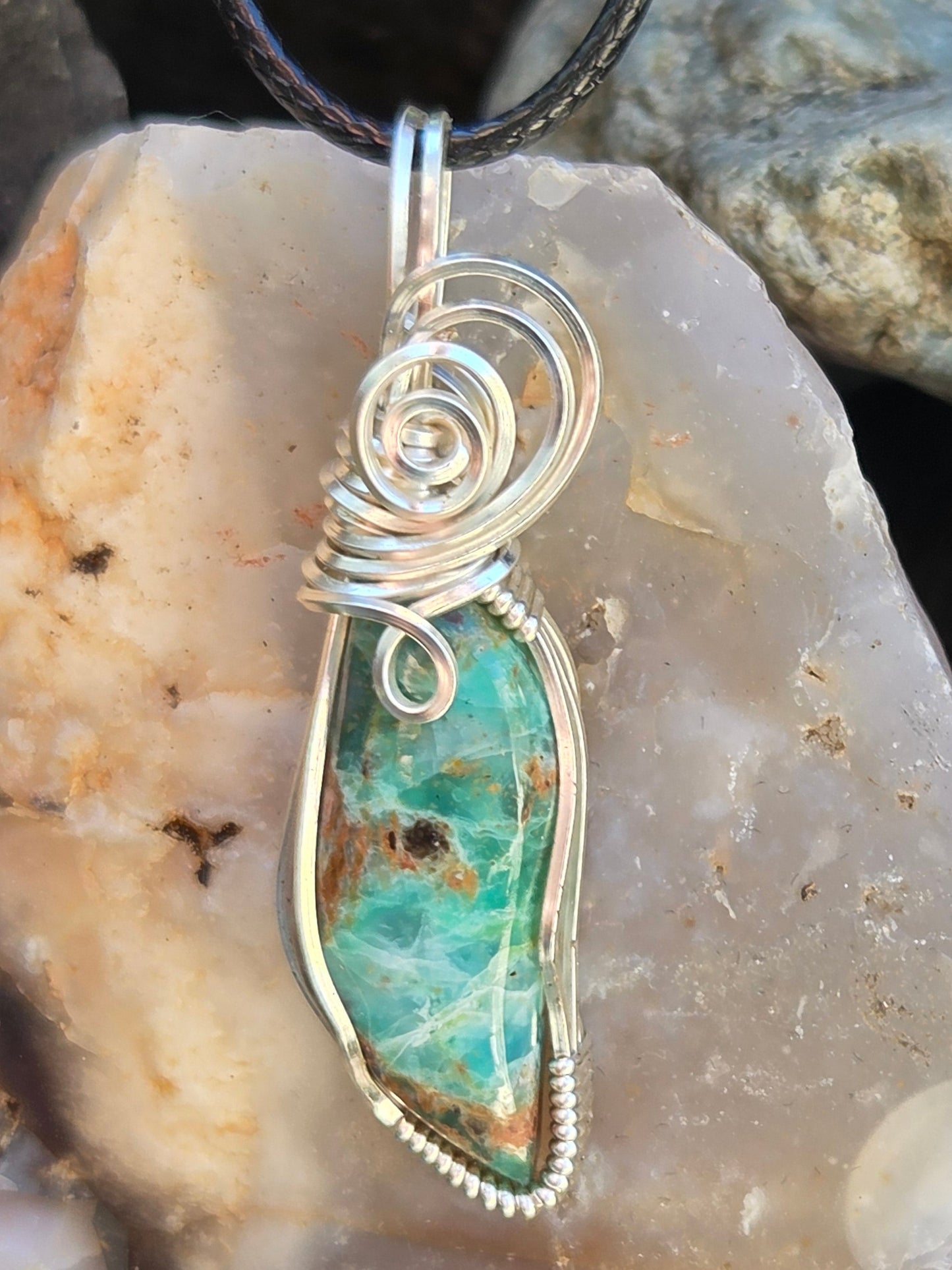 Chrysocolla  Silver Colored Copper Wire Wrap Pendant