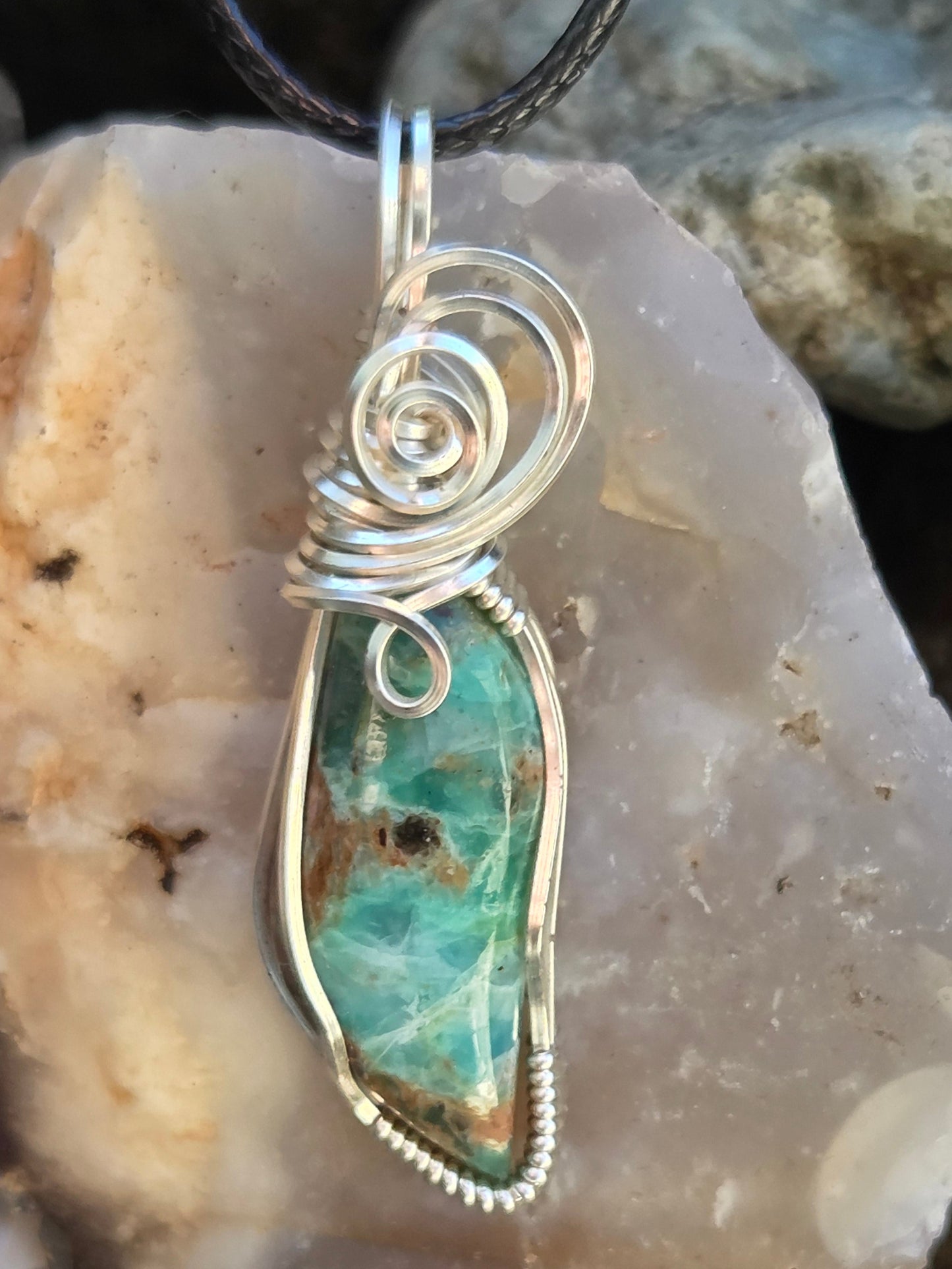 Chrysocolla  Silver Colored Copper Wire Wrap Pendant