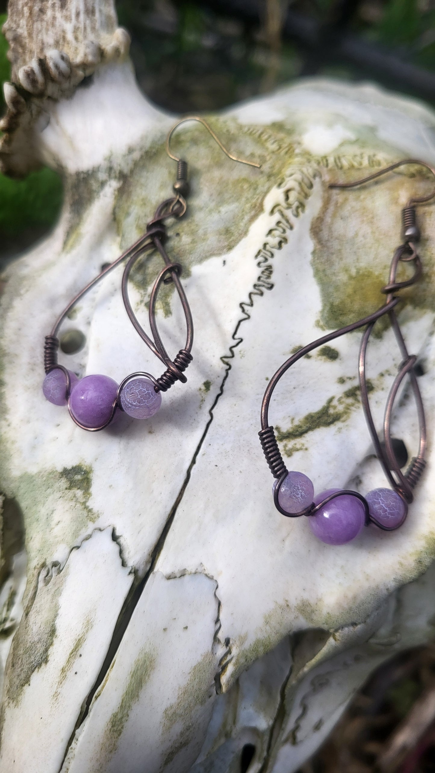 Persian Jade & Purple Agate Oxidized Copper Wire Wrap Earrings