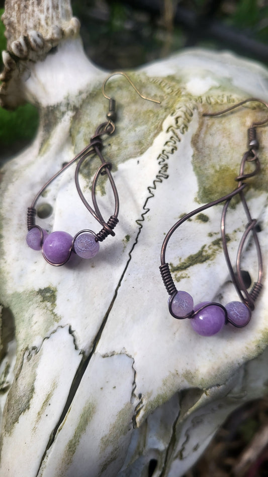 Persian Jade & Purple Agate Oxidized Copper Wire Wrap Earrings
