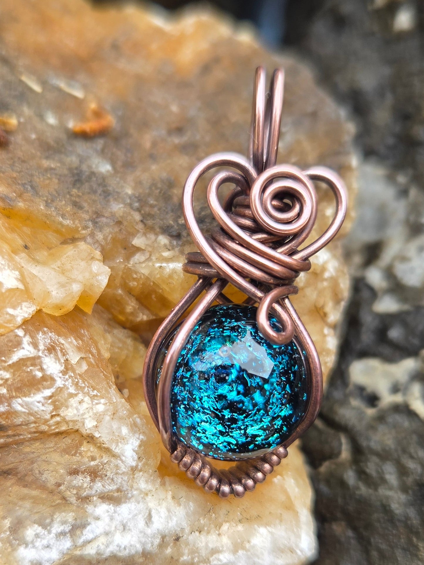 Blue Dichro Glass Marble Copper Wire Wrap Pendant