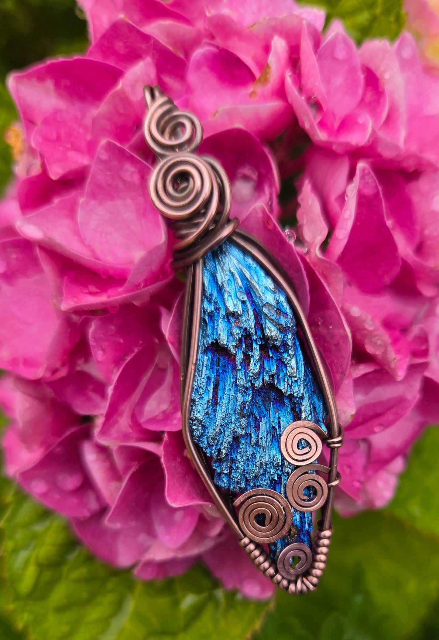 Blue Titanium Aura Kyanite Blade Copper Wire Wrap Pendant