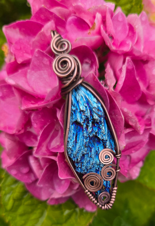 Blue Titanium Aura Kyanite Blade Copper Wire Wrap Pendant