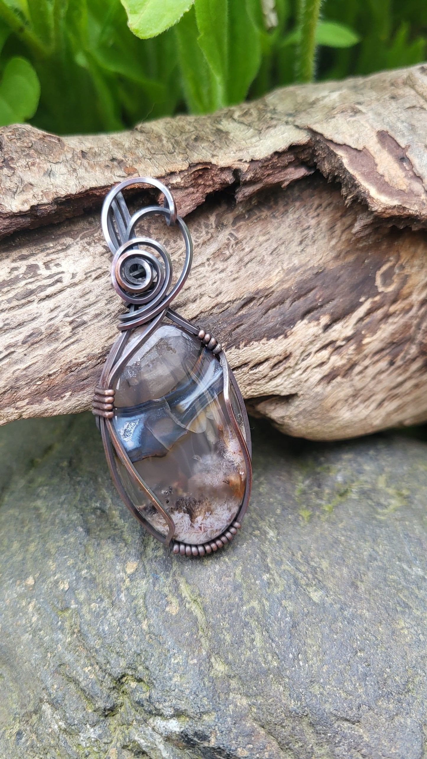 Volcano Agate UV Reactive Oxidized Copper Wire Wrap Pendant
