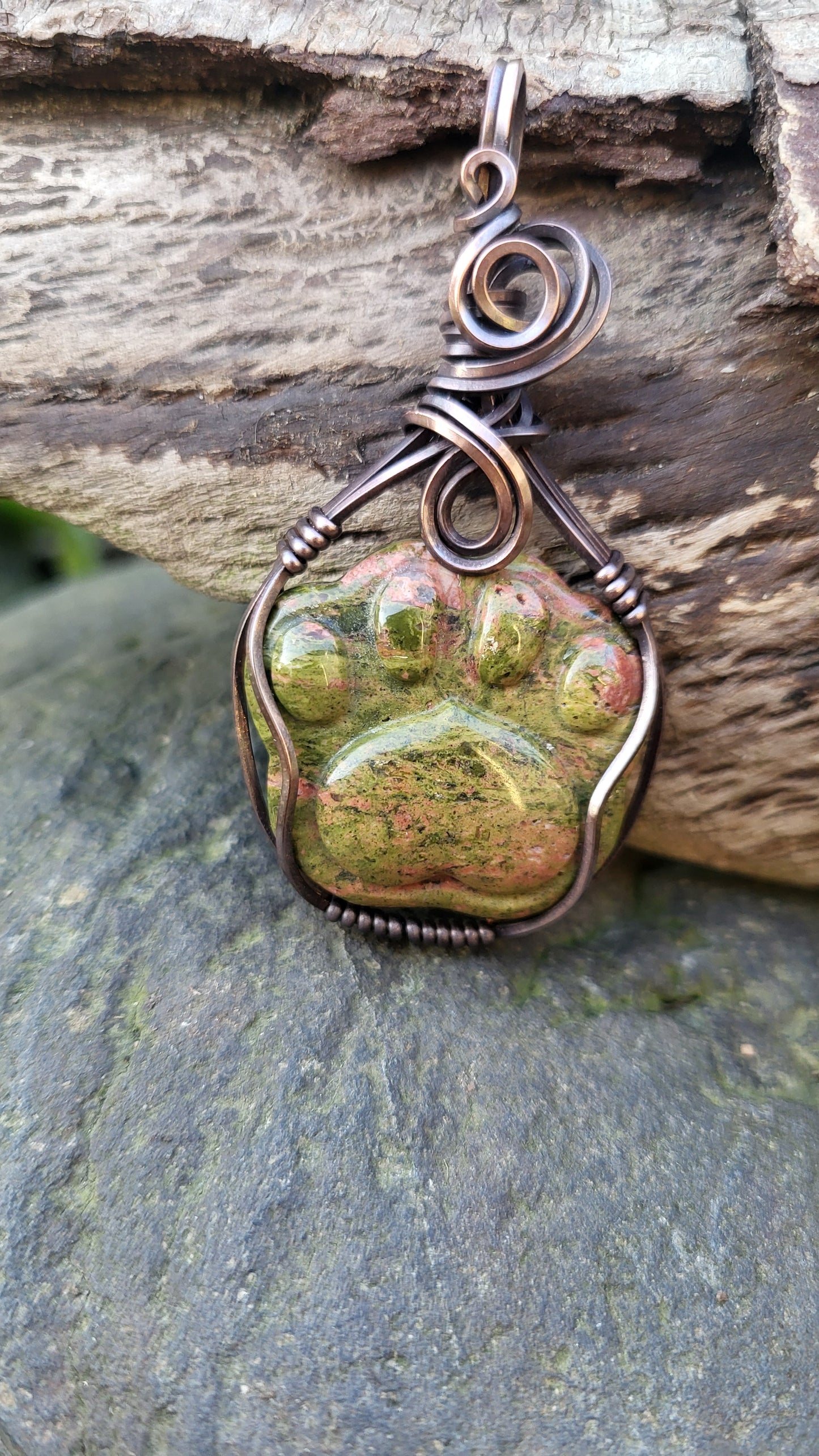 Unakite Jasper Puppy Paw Print Pendant
