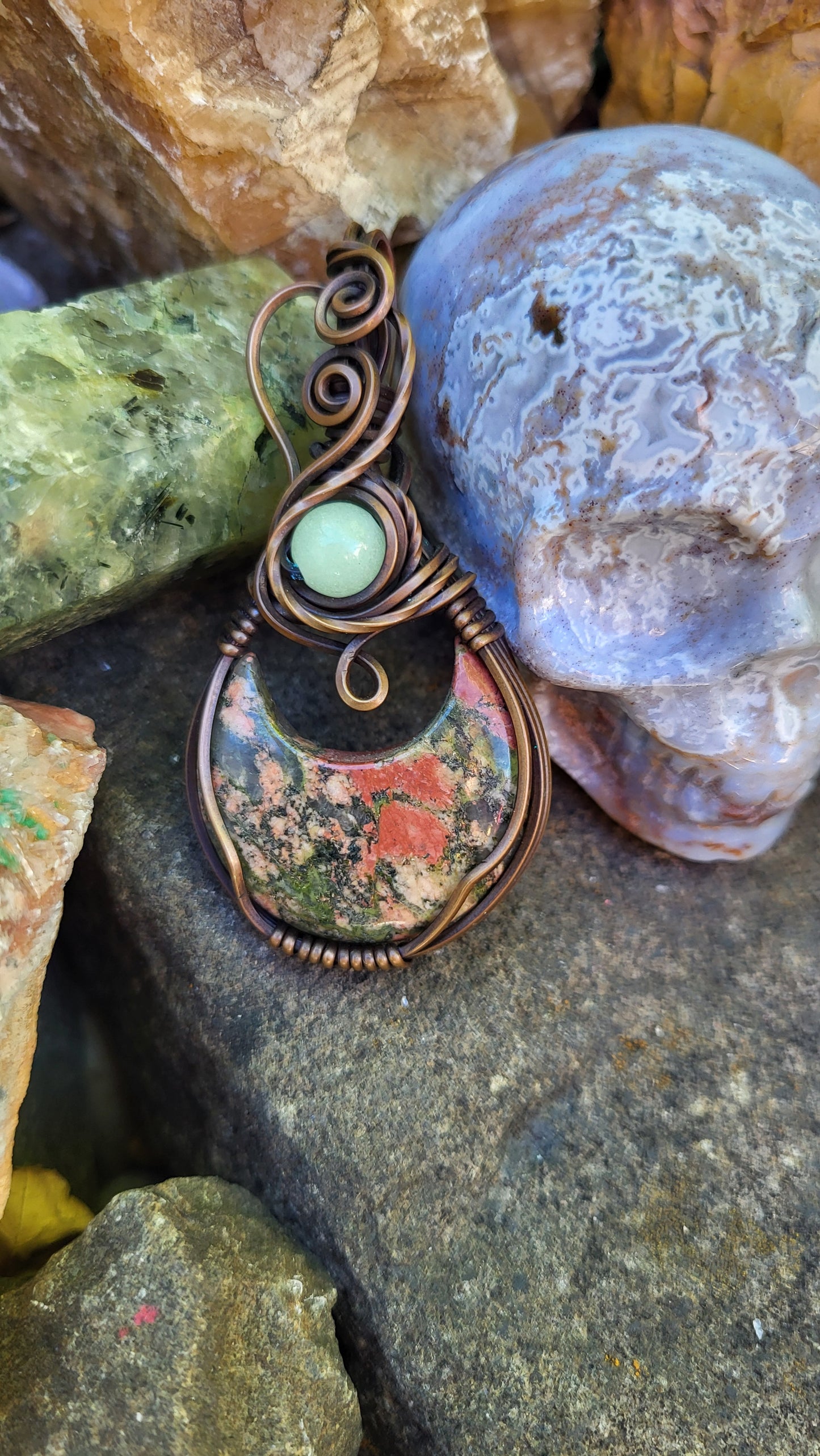 Unakite Jasper Crescent Moon w/ Green Glow Stone Copper Wire Wrap Pendant