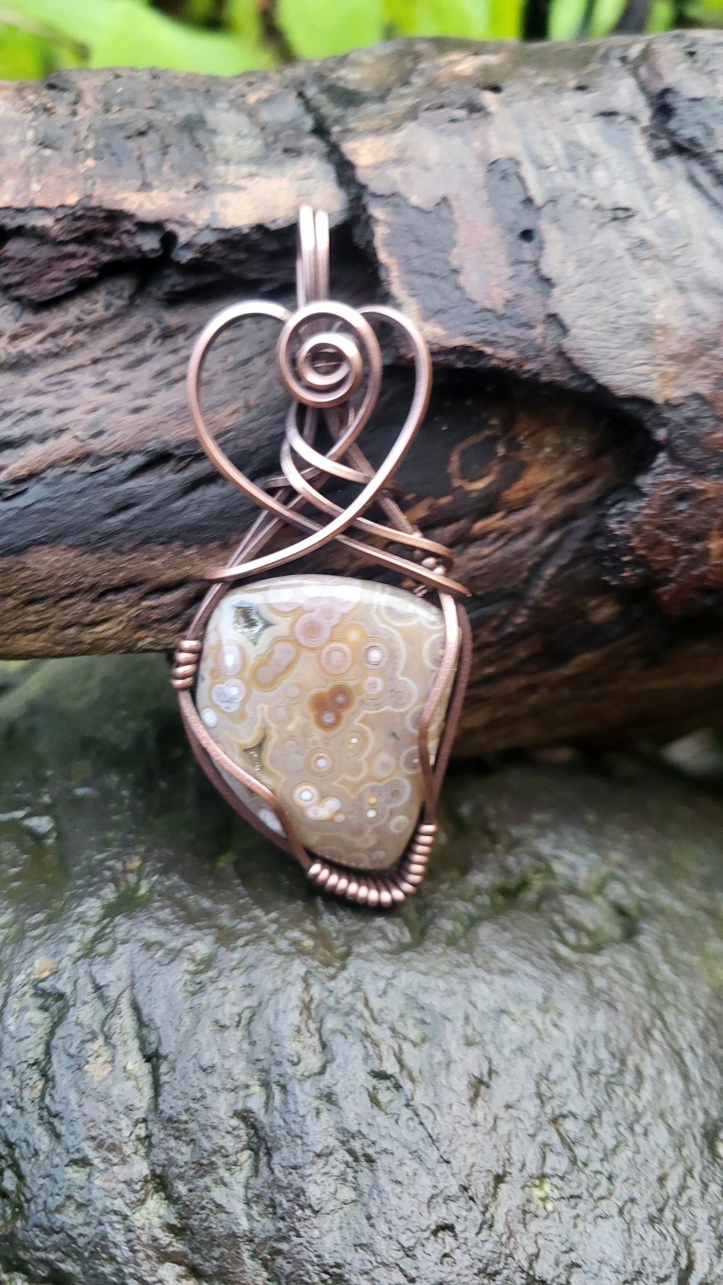 Ocean Jasper Oxidized Copper Wire Wrap Pendant