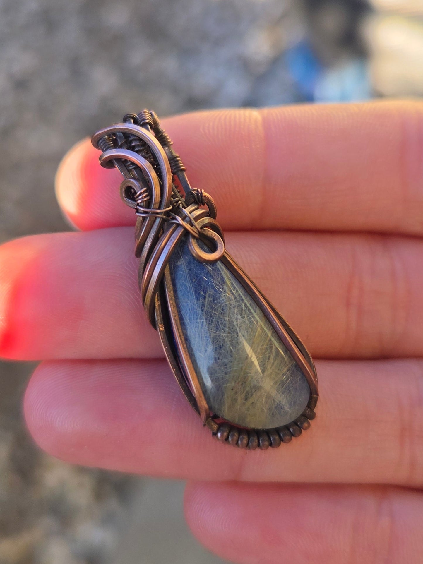 Golden Rutile / Lapis Lazuli Doublet Copper Pendant