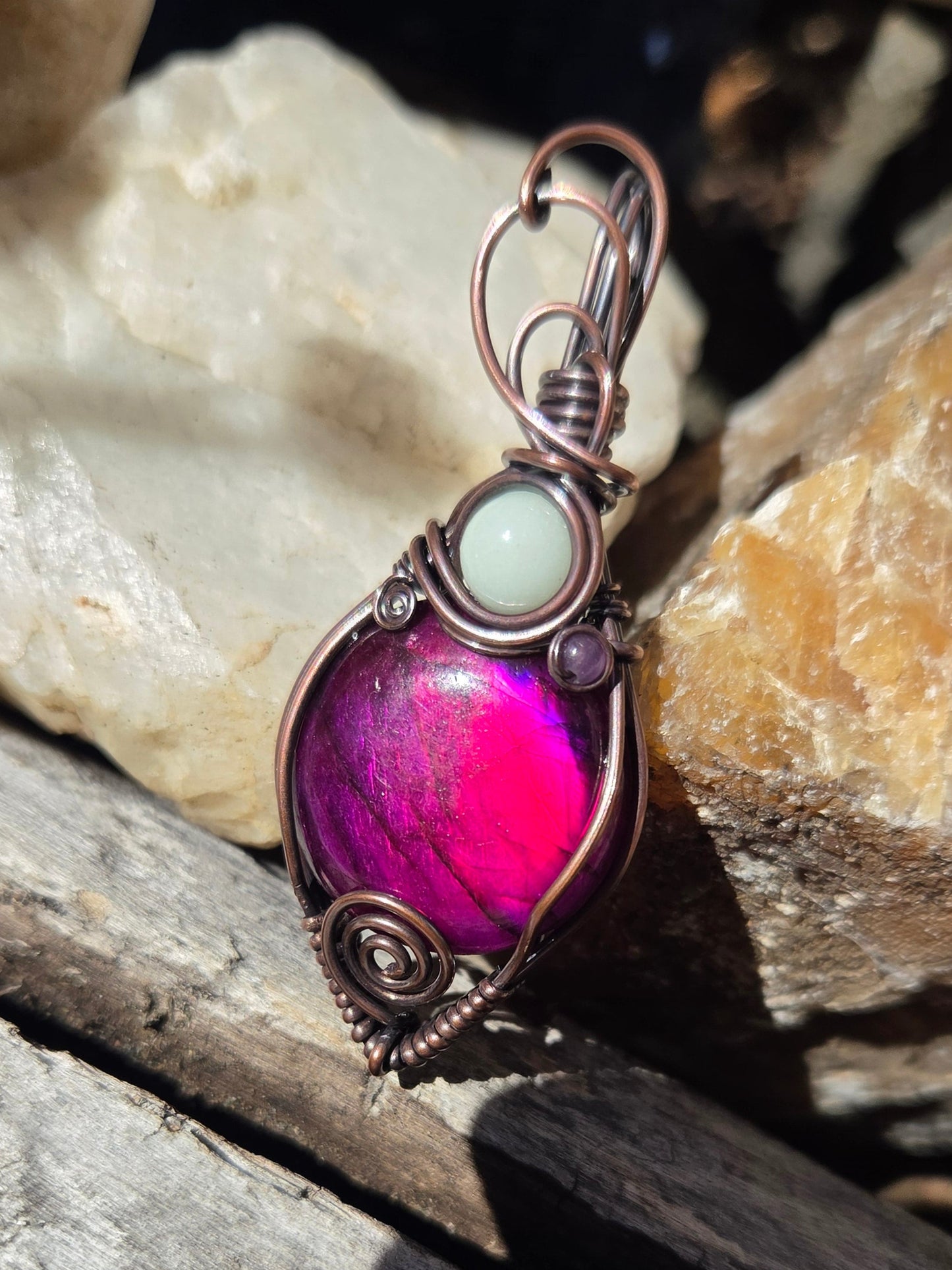 Megenta Enhanced Labradorite Copper Wire Wrap Pendant  w/ Blue Glow Stone and Amethyst Accents