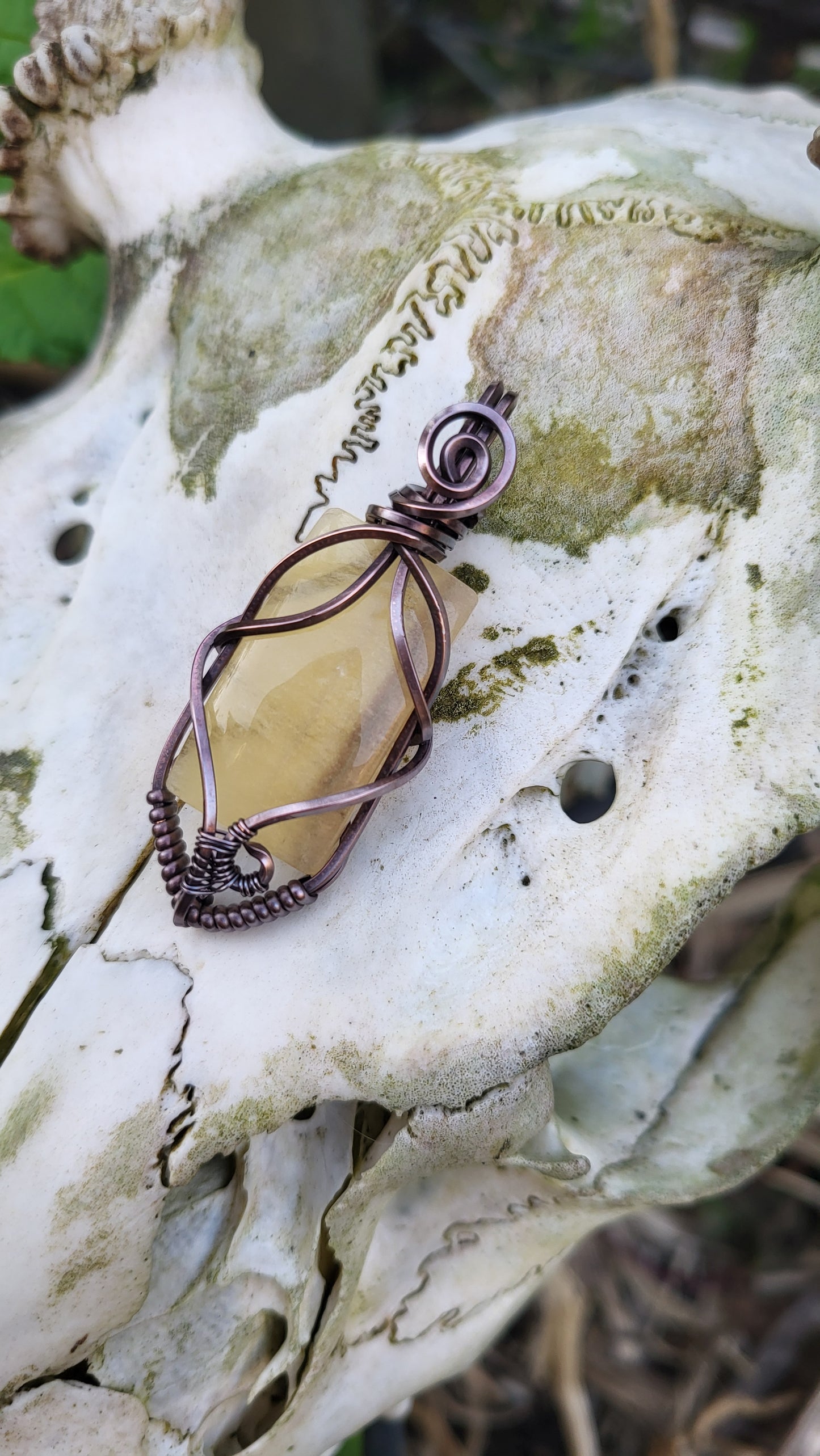 Yellow Fluorite Oxidized Copper Wire Wrap Pendant