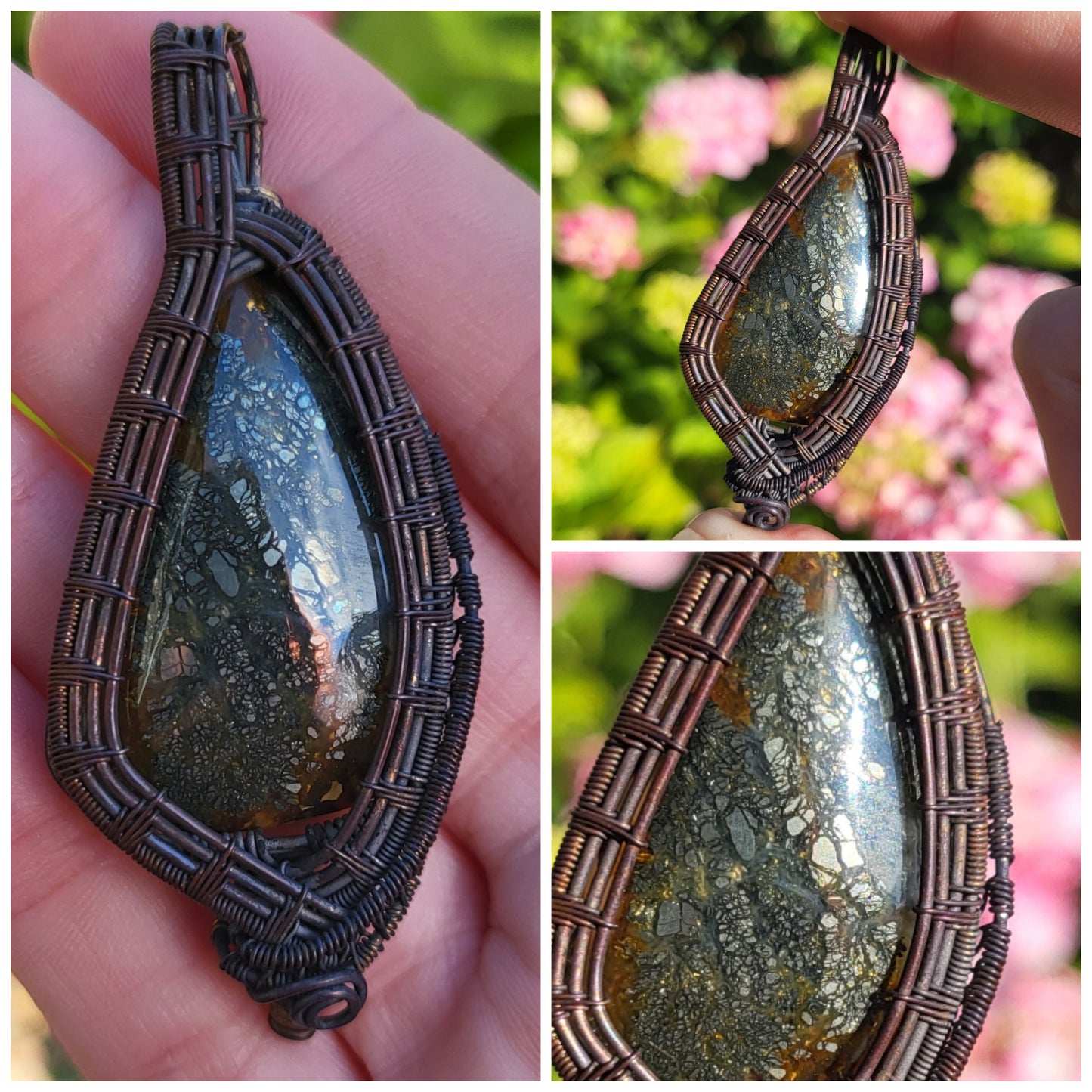 Copper Wire Wrap Marcasite Stone Pendant