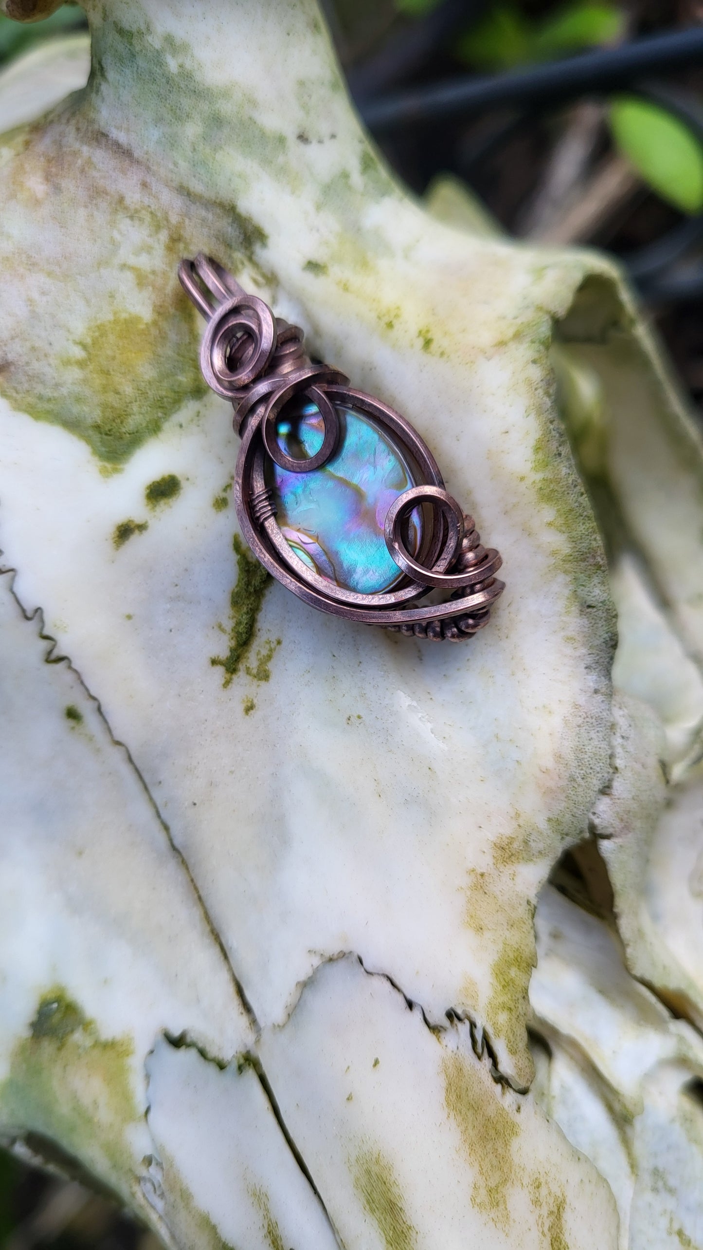Abalone Shell Oxidized Copper Wire Wrap Pendant