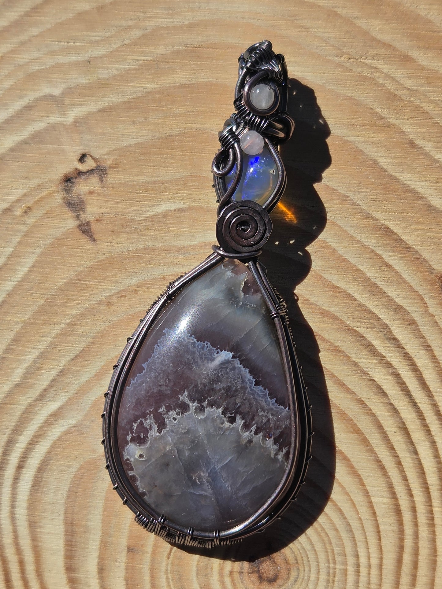 Amethyst Lace Cabochon with Blue Fire Opal and Rose Quartz Accents Pendant