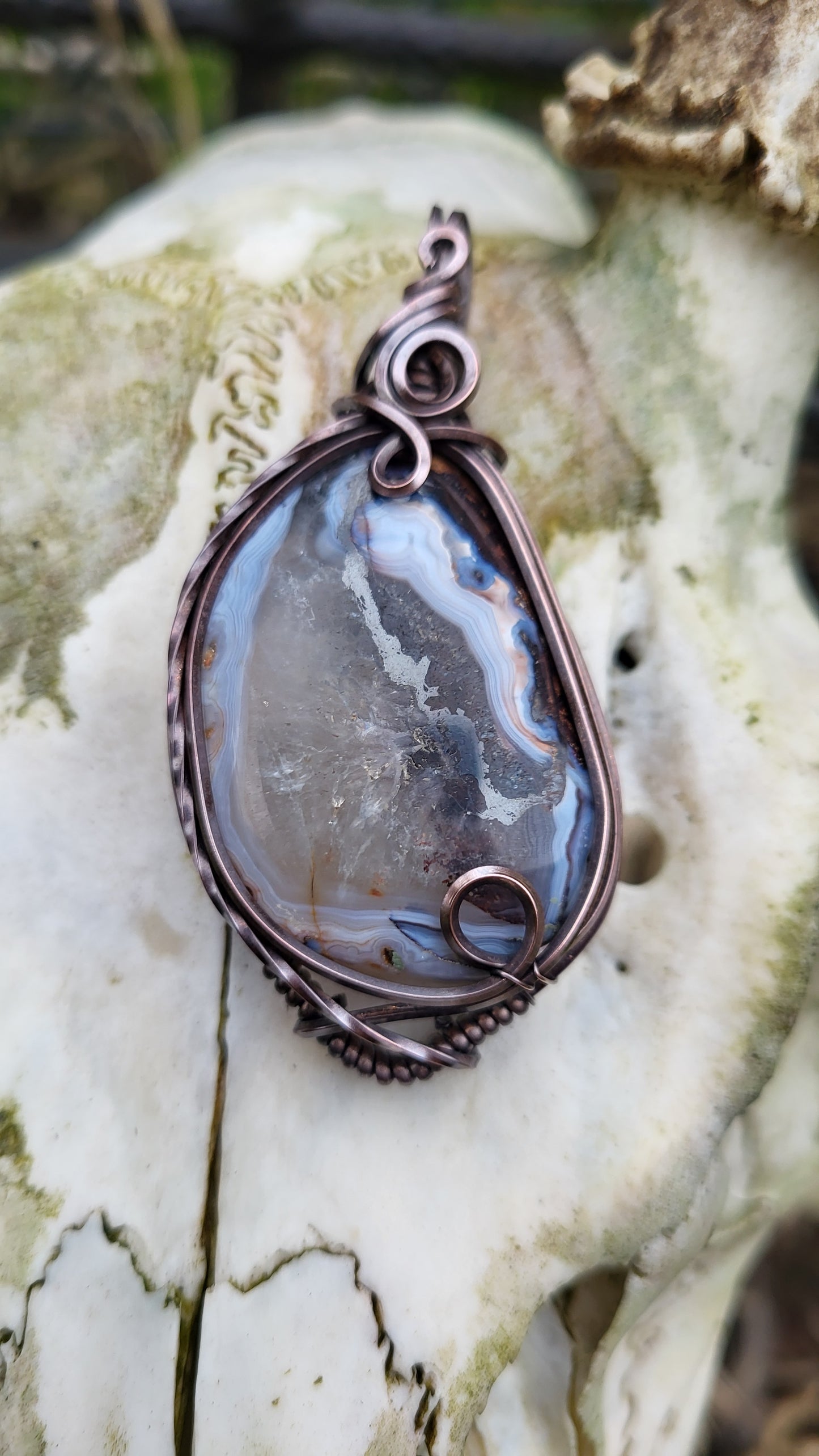 Iron Cactus Agate w Hematite Inclusion Oxidized Copper Wire Wrap Pendant