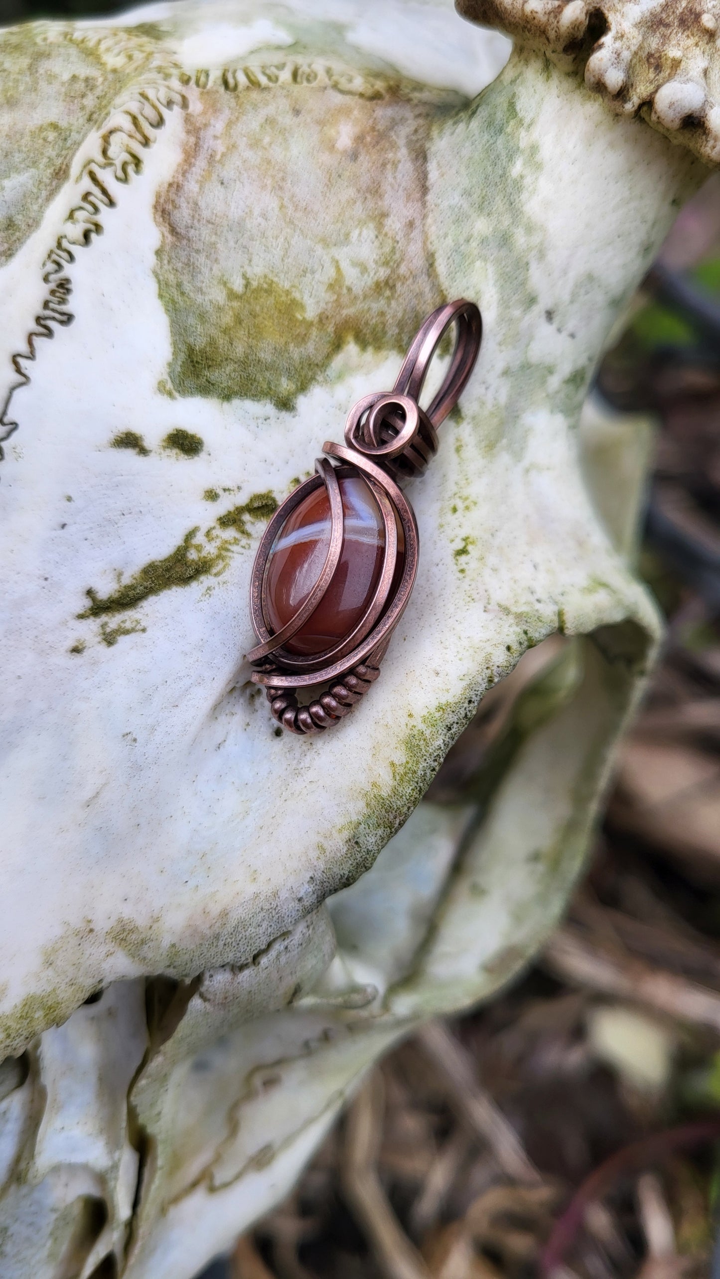 Orange Banded Agate Oxidized Copper Wire Wrap Pendant