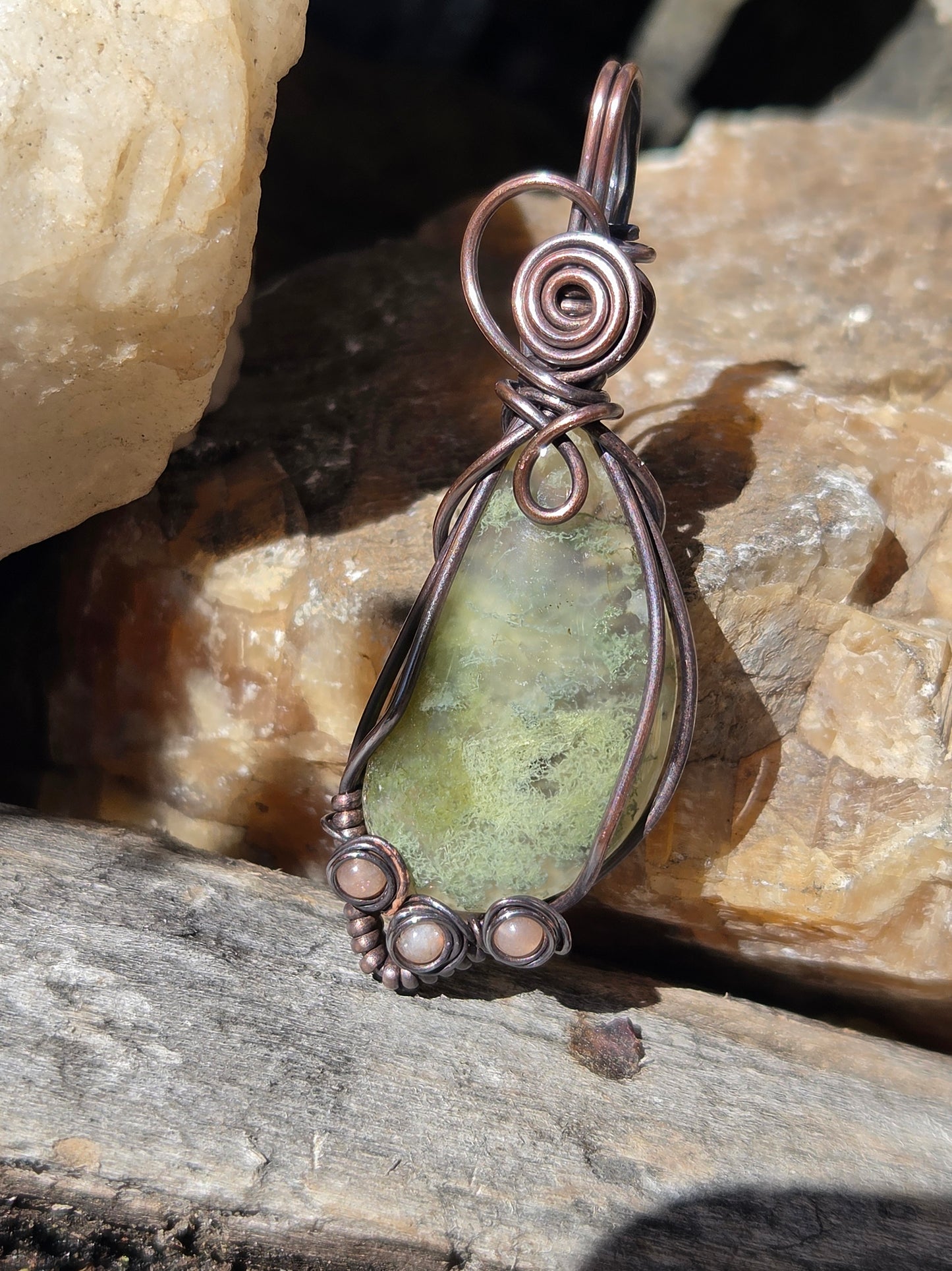 Moss Agate Copper Wire Wrap Pendant w/ Sunstone Accents