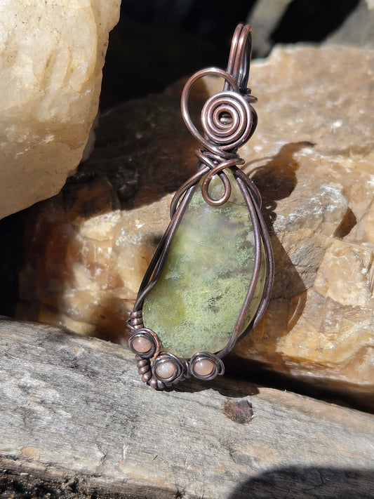 Moss Agate Copper Wire Wrap Pendant w/ Sunstone Accents