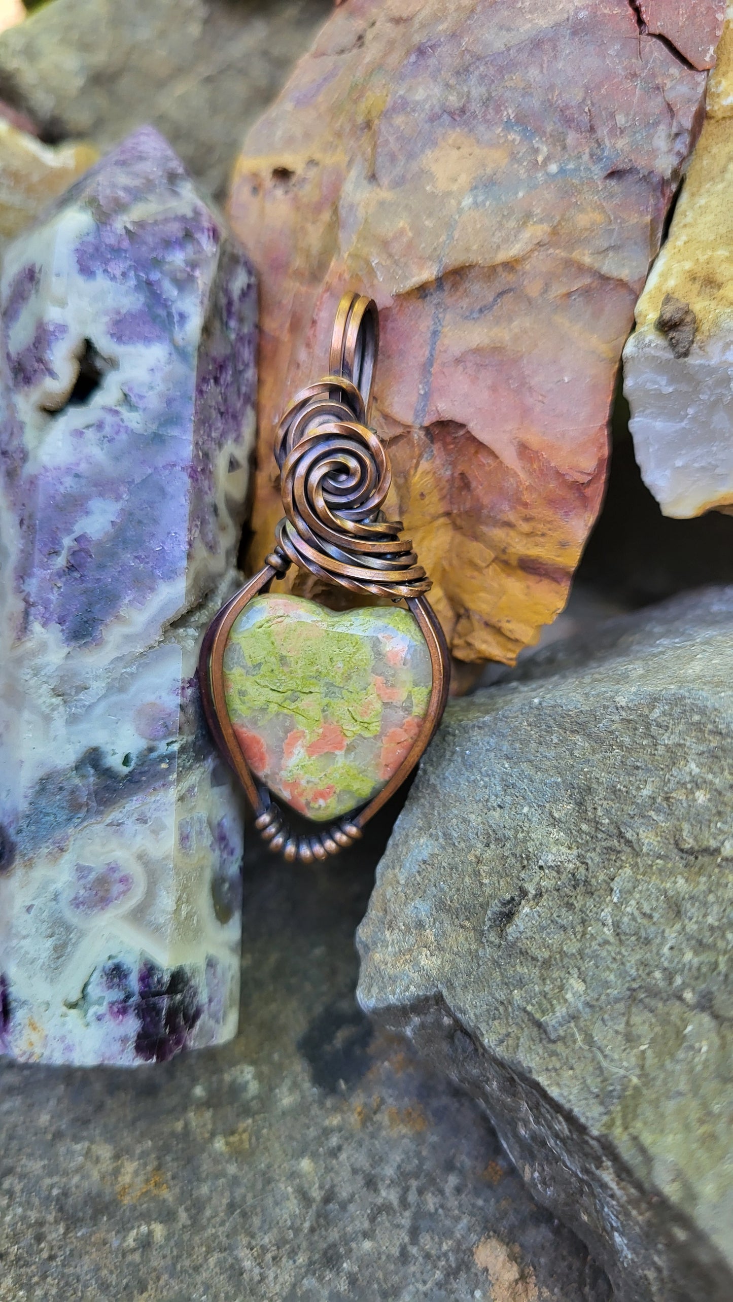 Unakite Jasper Heart Copper Wire Wrap Pendant