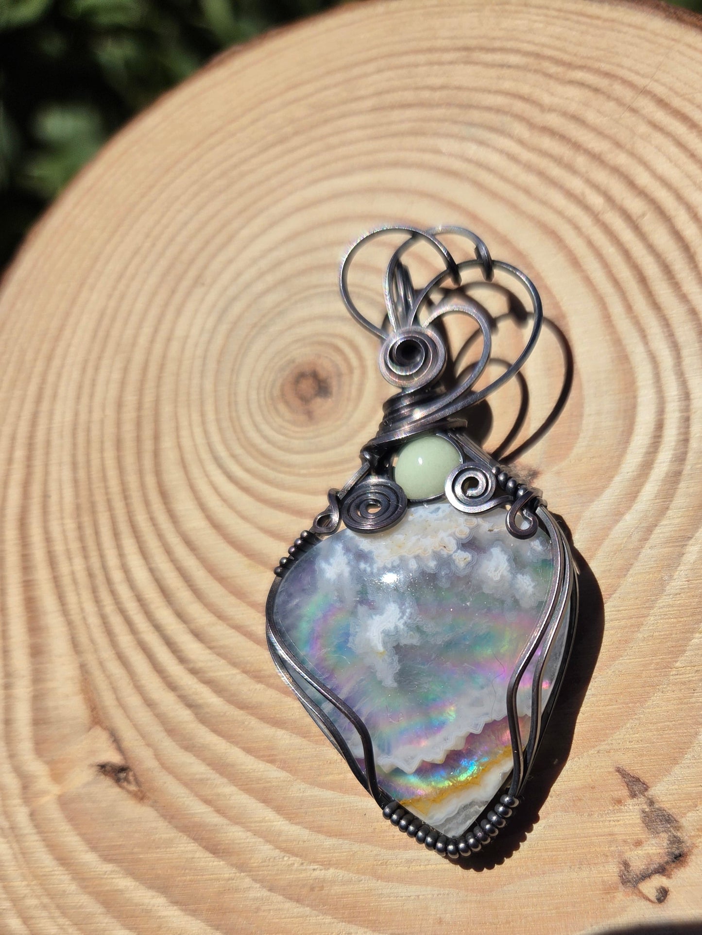 Plume Agate/ Rainbow Aurora Opal Doublet Pendant