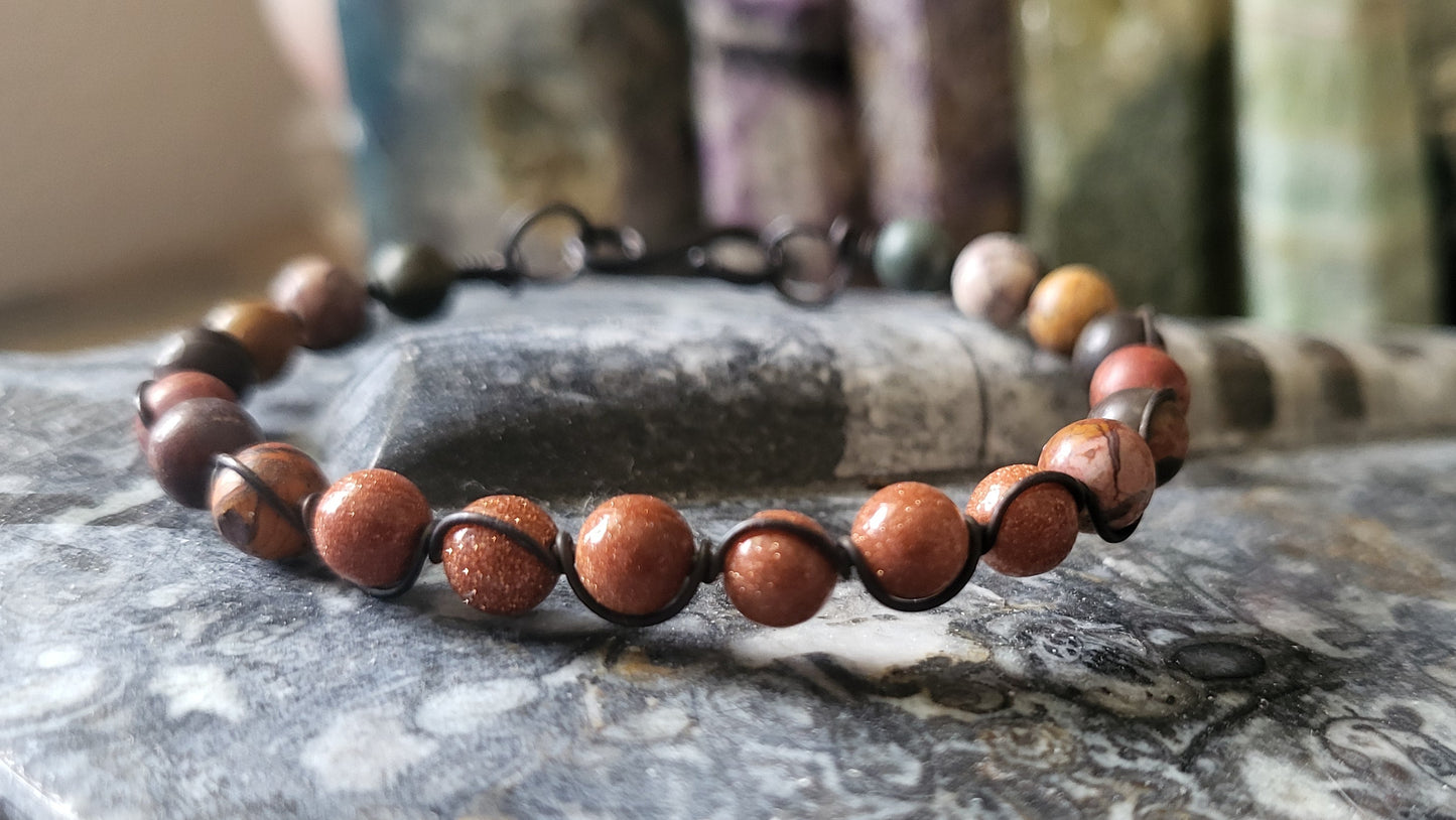 Copper Wire Wrap Stone Bead Bracelet Sz. 7