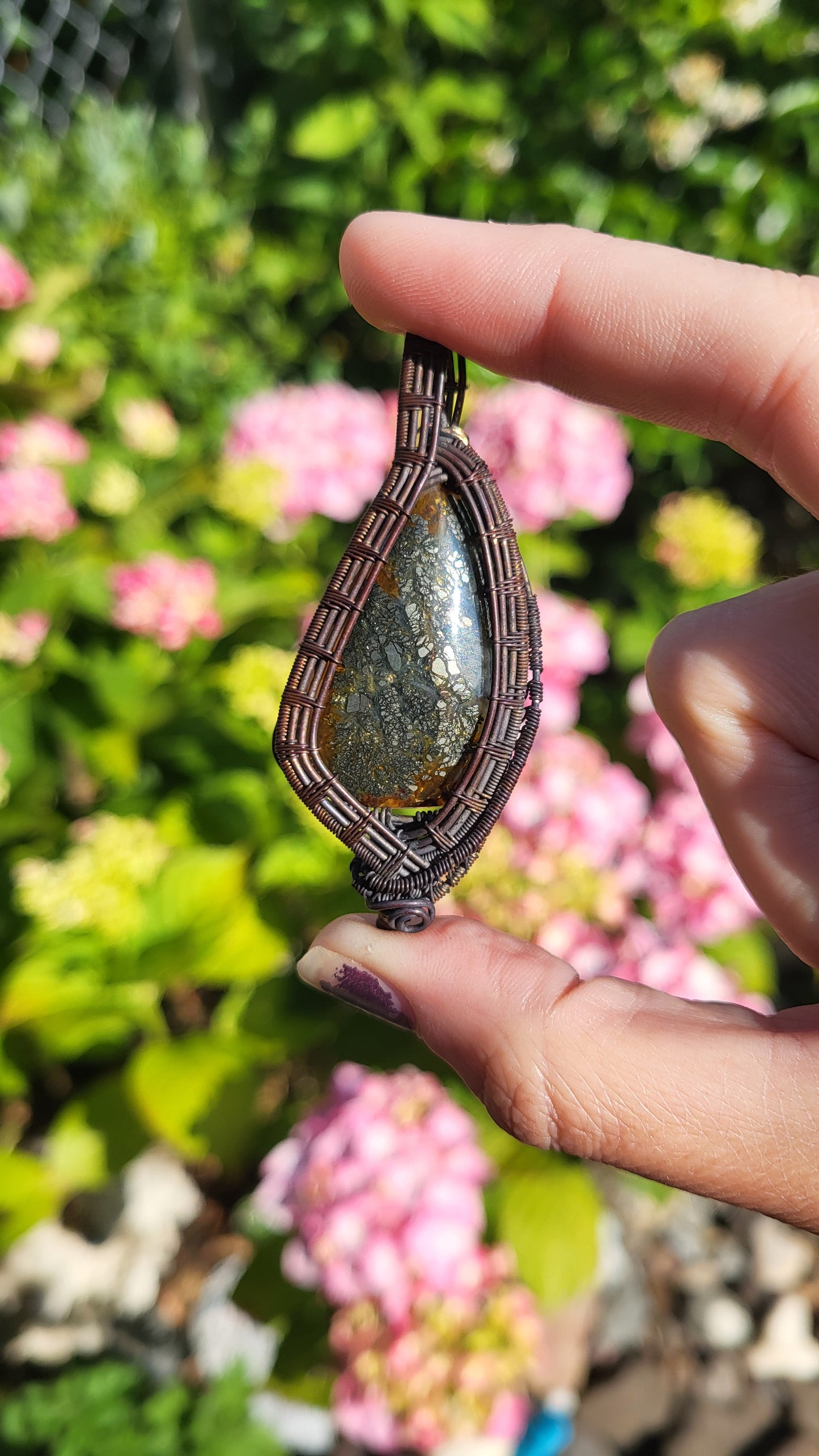 Copper Wire Wrap Marcasite Stone Pendant