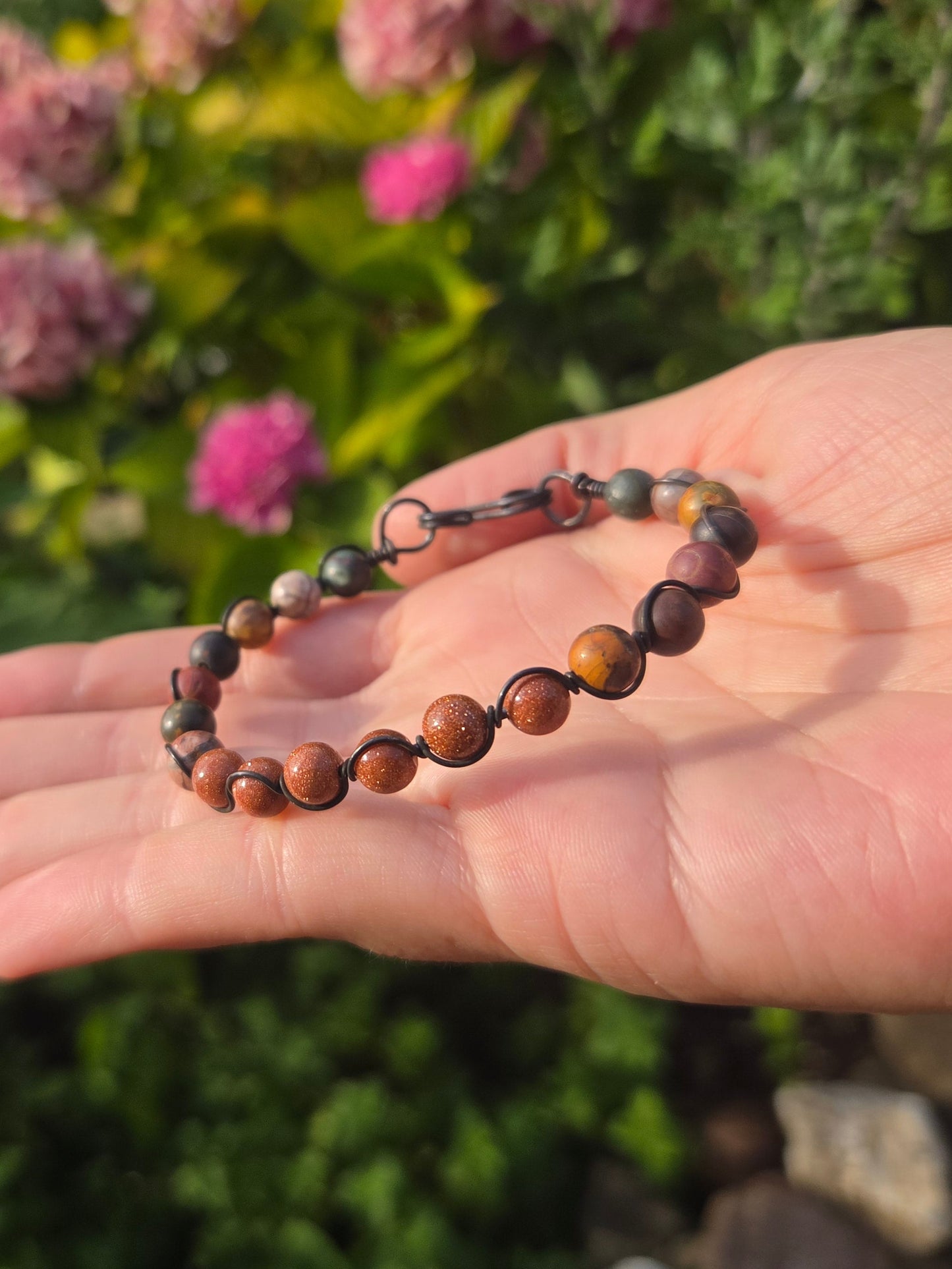 Copper Wire Wrap Stone Bead Bracelet Sz. 7