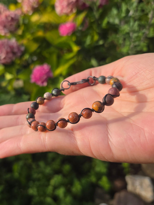 Copper Wire Wrap Stone Bead Bracelet Sz. 7