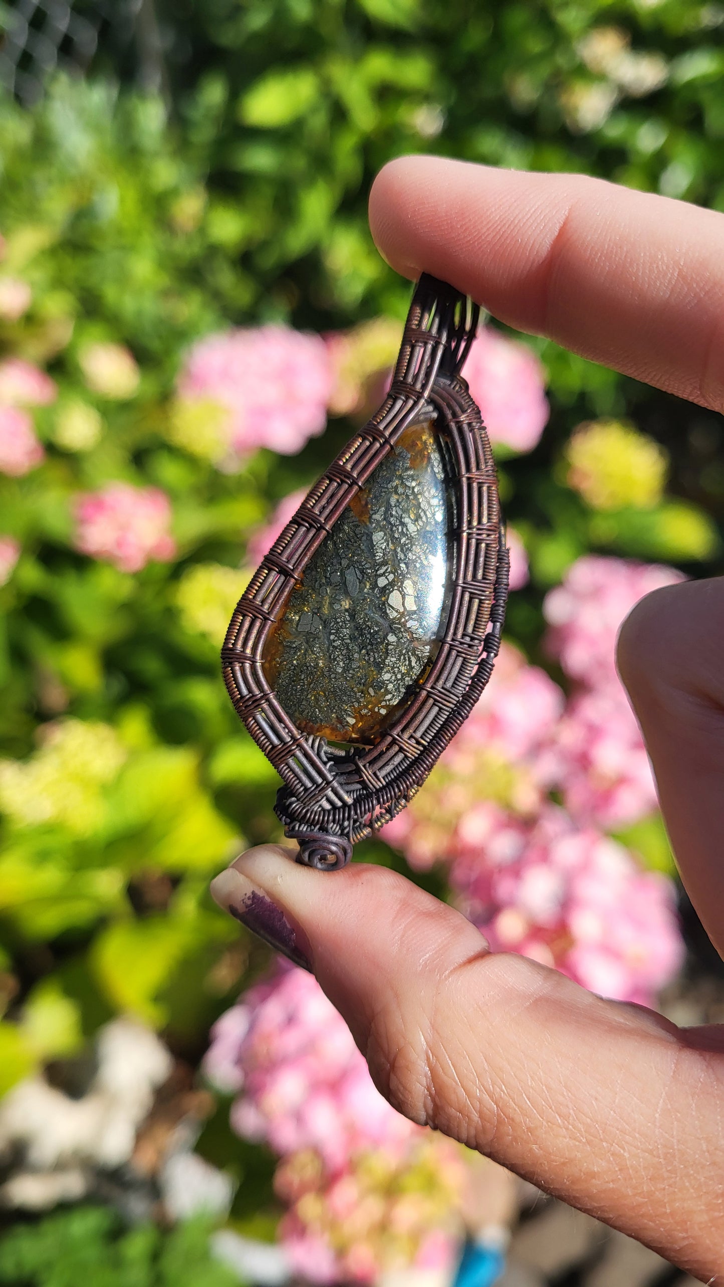 Copper Wire Wrap Marcasite Stone Pendant