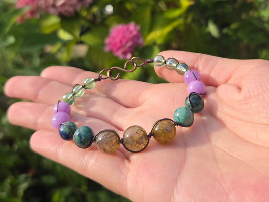 Copper Wire Wrap Stone Bead Bracelet Sz. 6.5