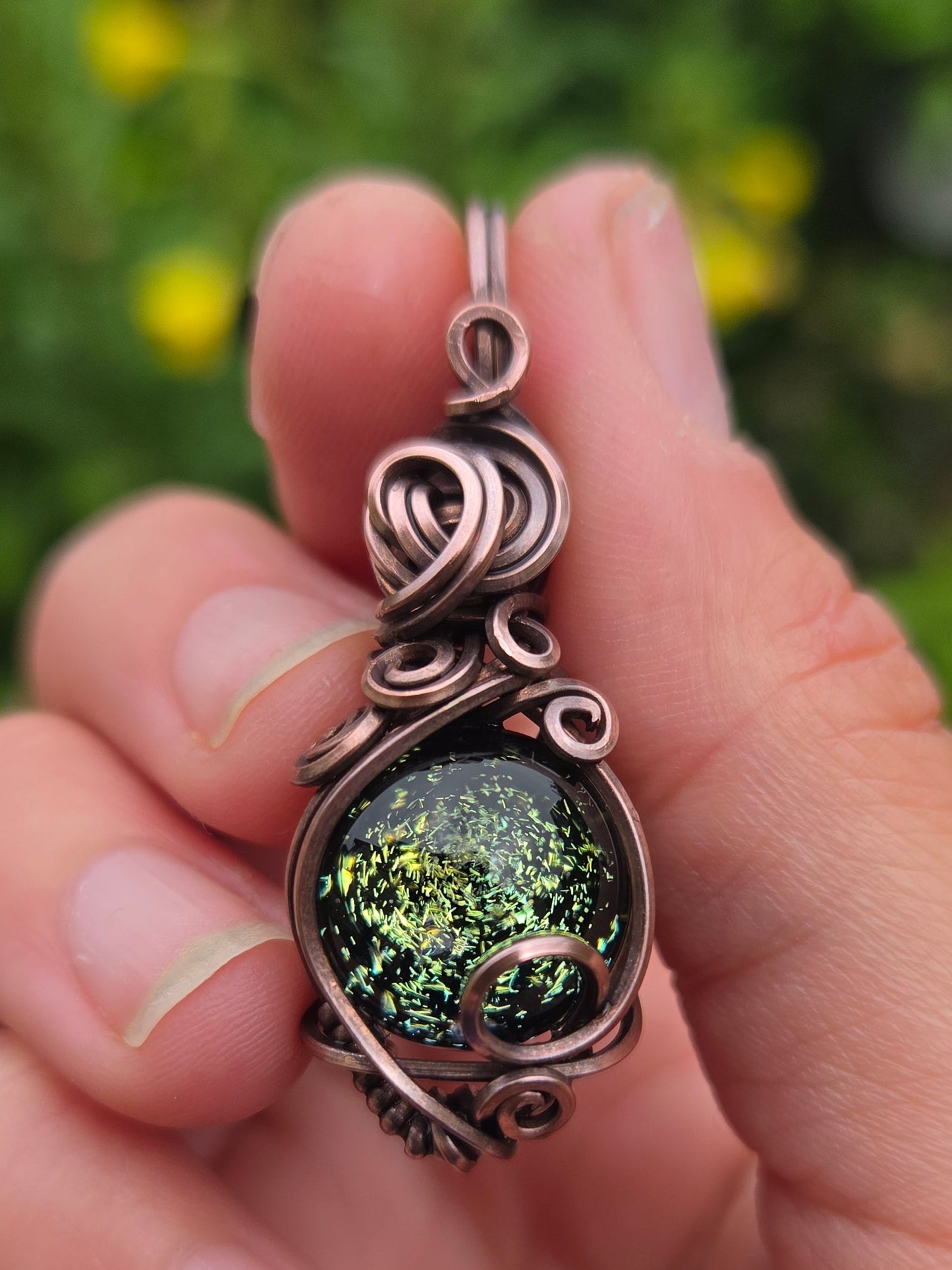 Green Dichro Marble Copper Wire Wrap Pendant