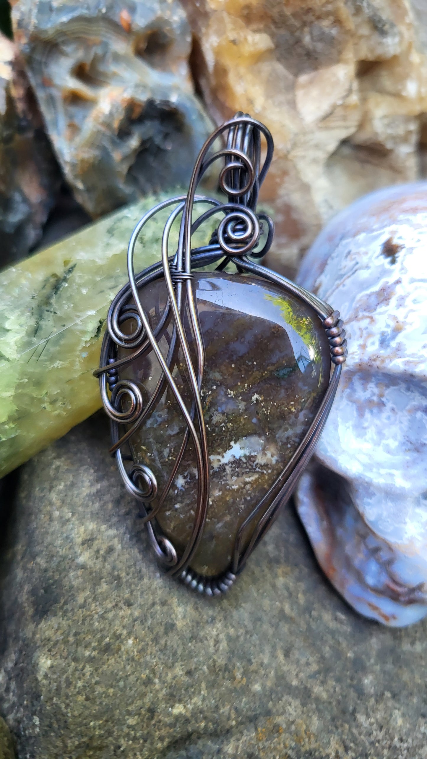 Purple Moss Agate Copper Wire Wrap Pendant