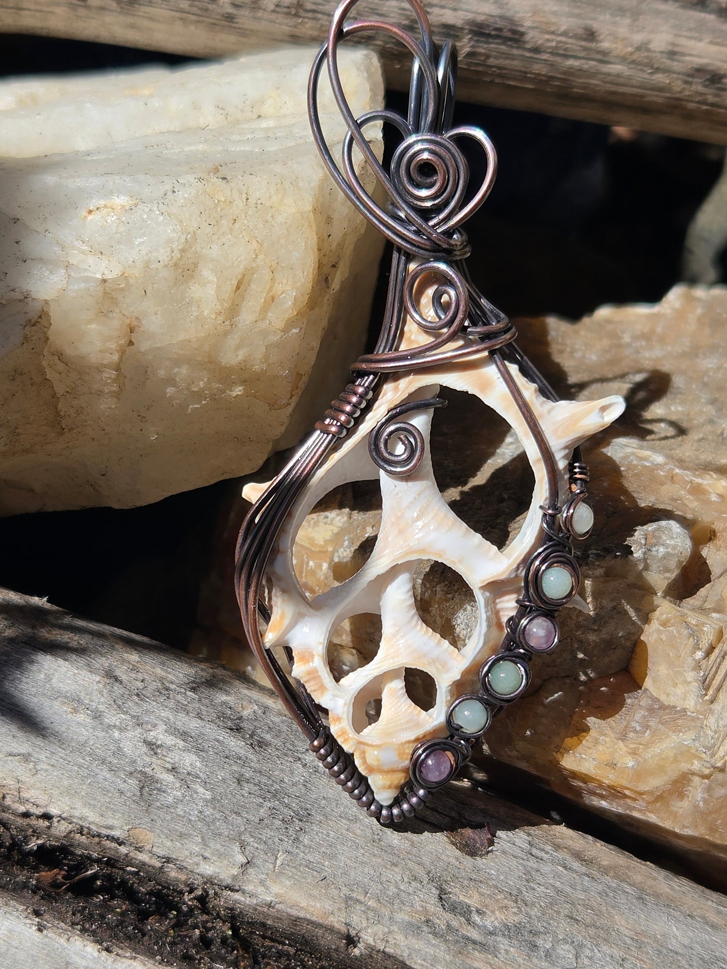 Center Cut Seashell Copper Pendant with Amethyst and Amazonite Accents