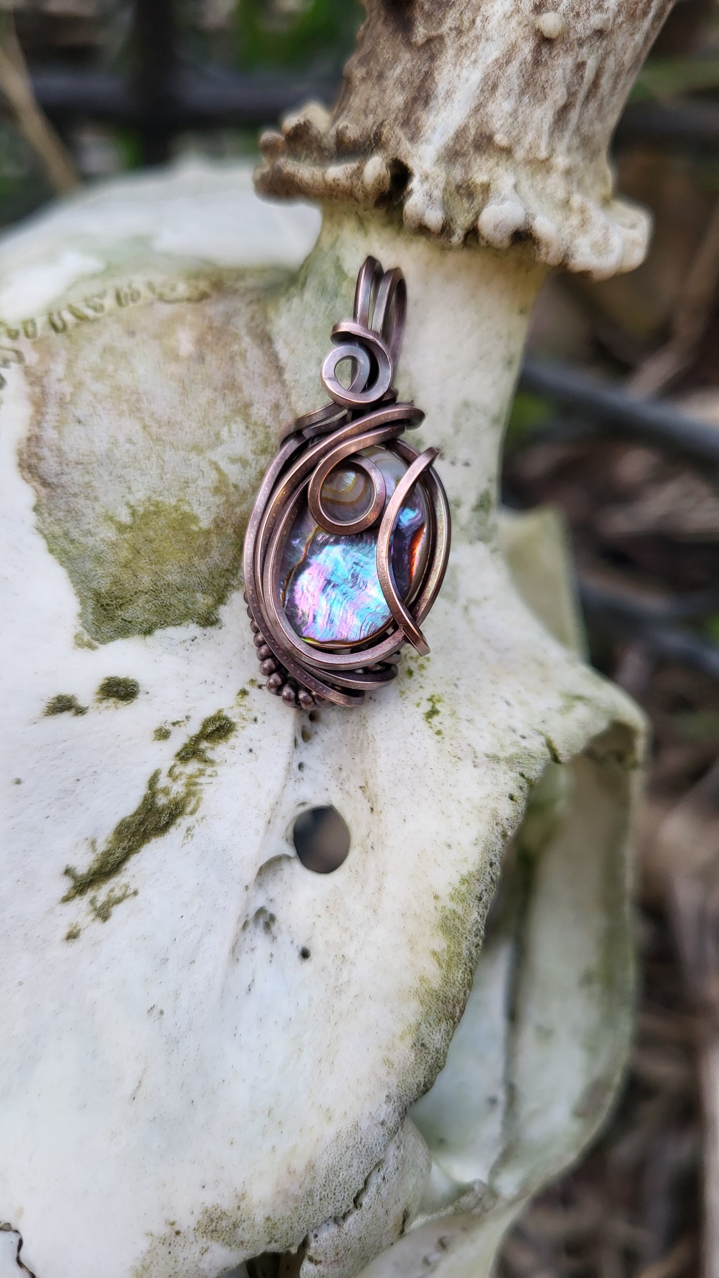 Abalone Shell Oxidized Copper Wire Wrap Pendant
