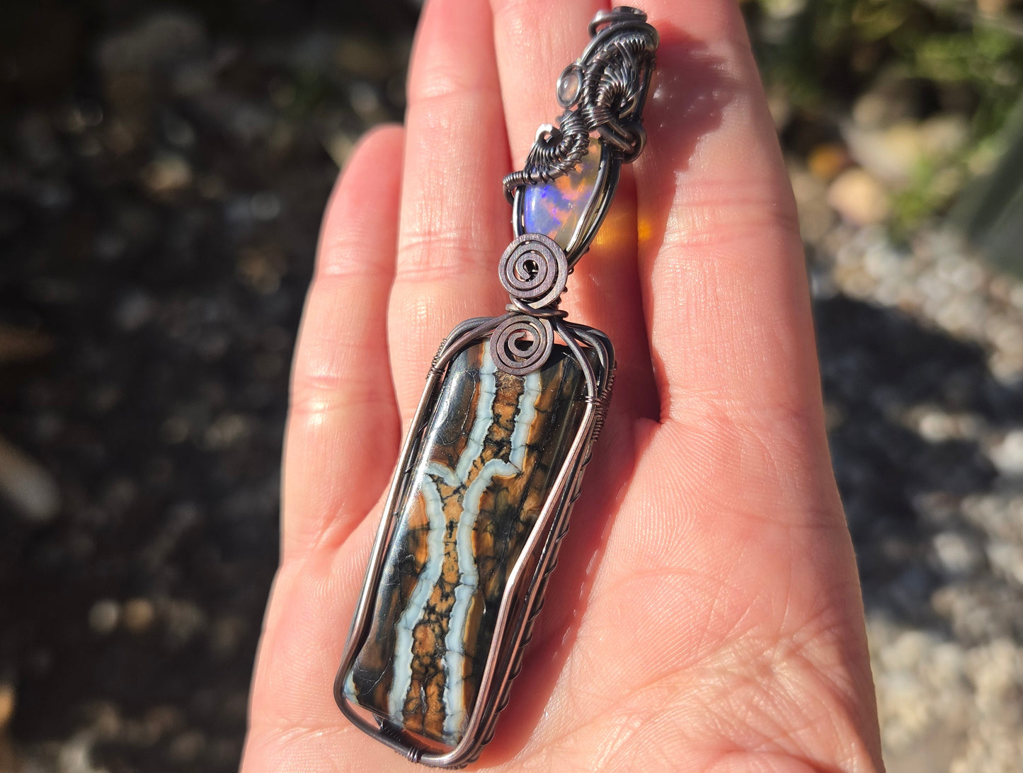 Opalized Mammoth Tooth Fossil,  Blue Fire Opal with Labradorite Accent Pendant