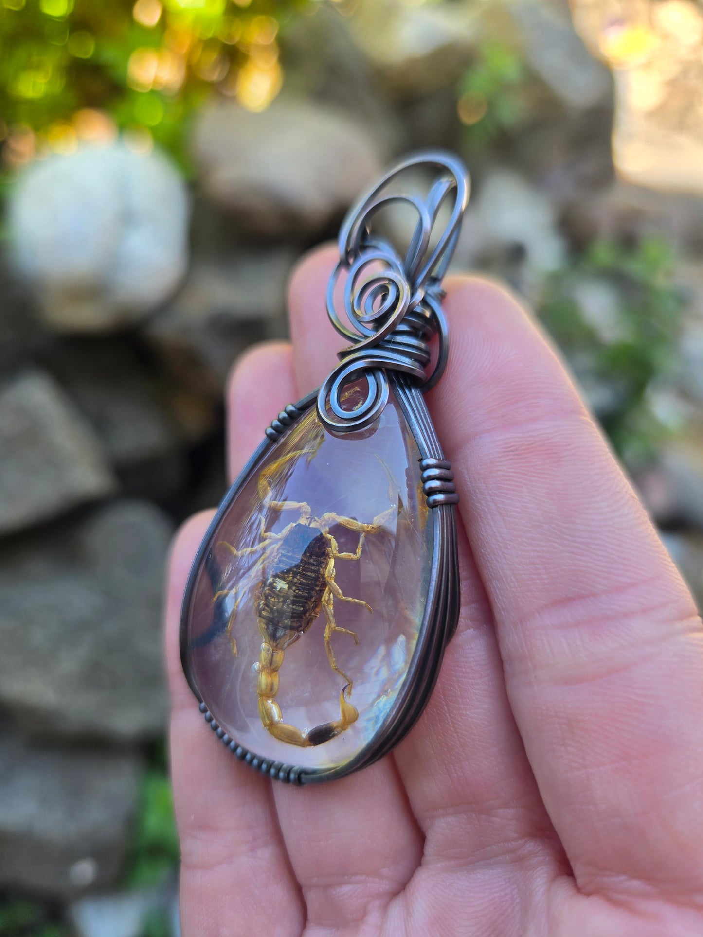 Handcrafted Oxidized Copper Wire Wrap Pendant w/ Resin Scorpion Cabochon