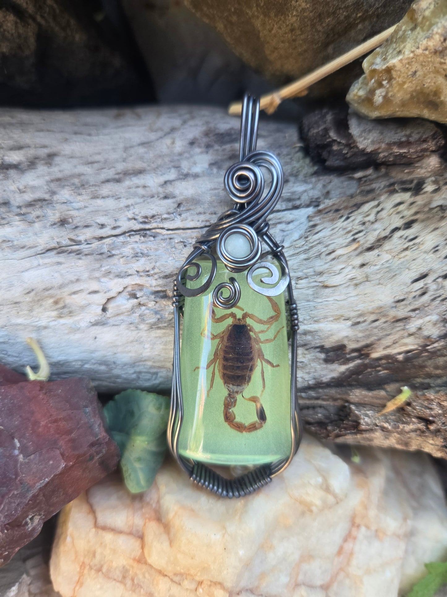 Handcrafted Oxidized Copper Wire Wrap Pendant Featuring Glow in the Dark Scorpion