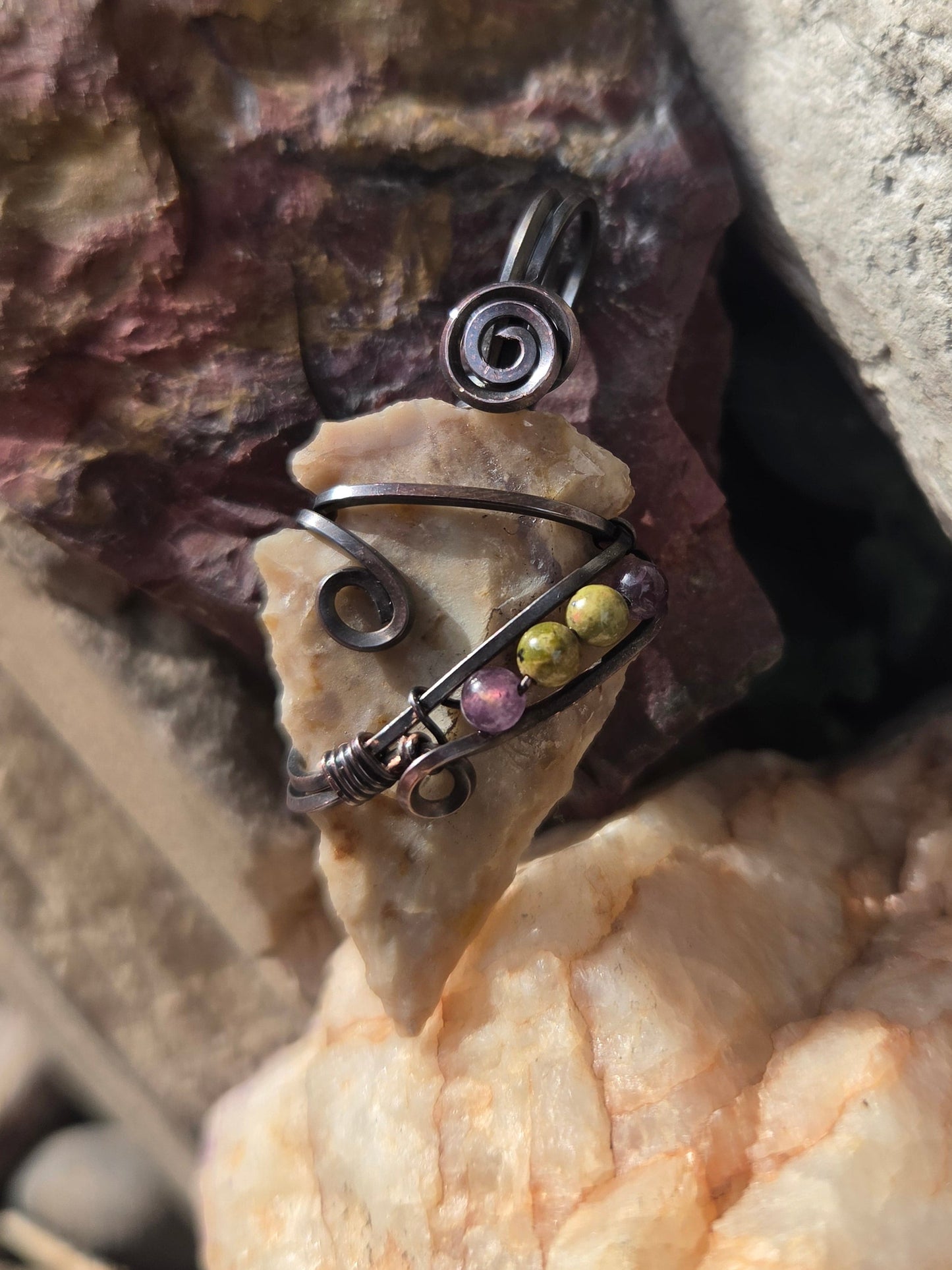 Chert Arrowhead Pendant w/ Amethyst & Unakite Bead Accents