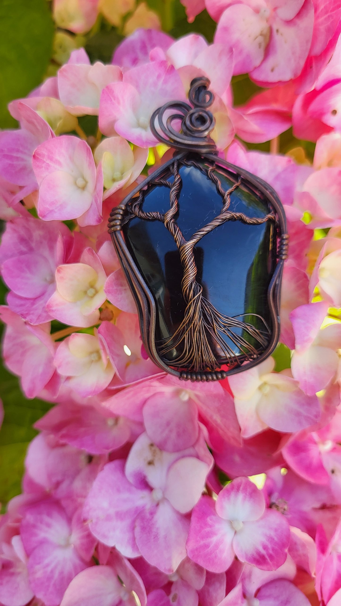 Green Velvet Obsidian Copper Tree Of Life Pendant