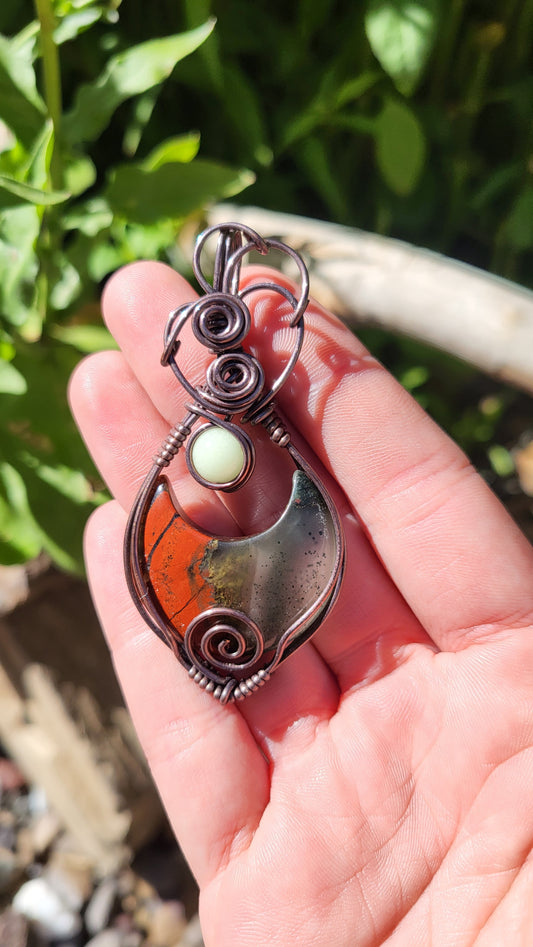 Bloodstone Jasper Moon w/ Glow Stone Copper Wire Wrap Pendant
