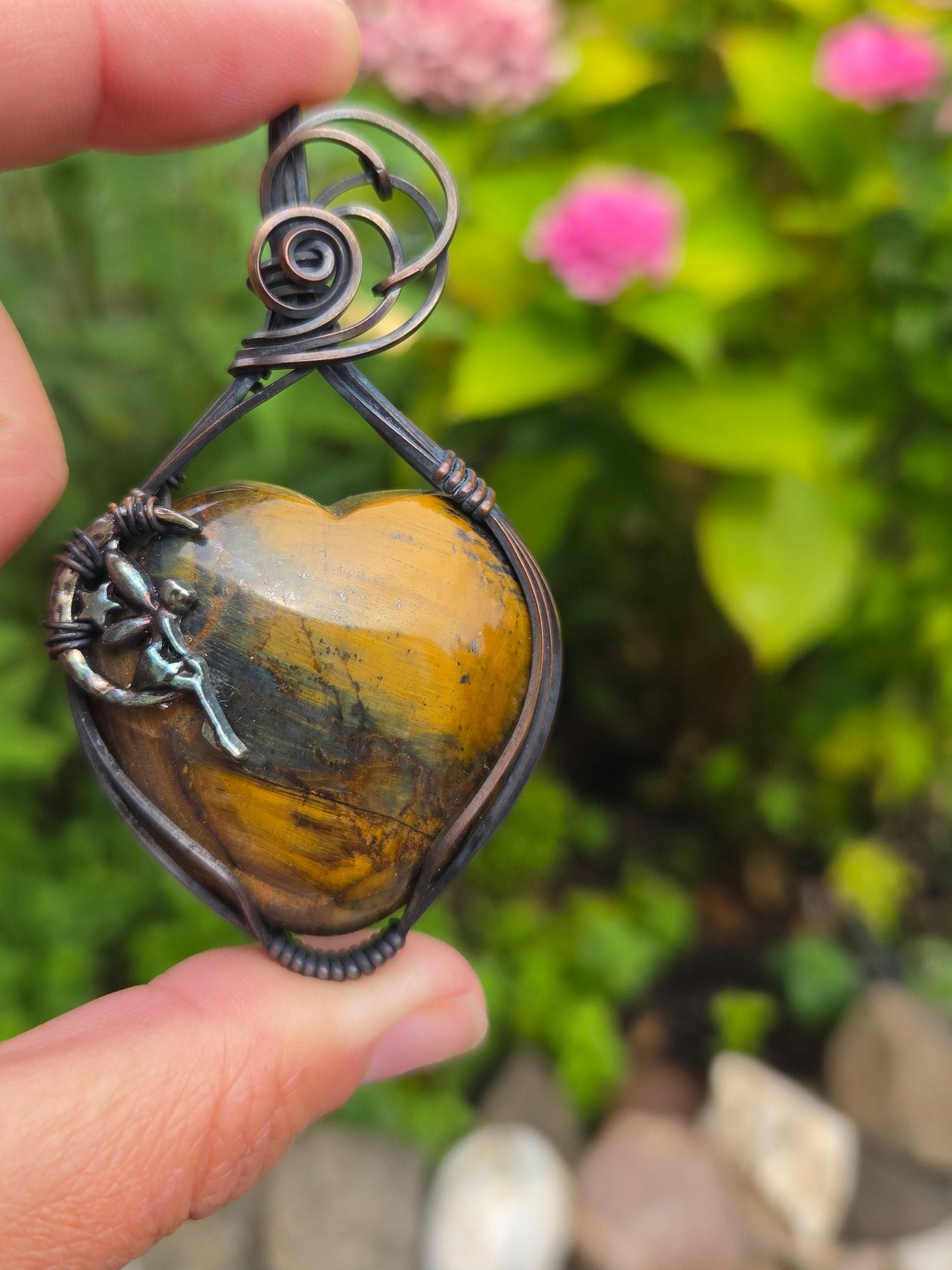 Tigers Eye Heart with Crescent Moon & Fairy Charm Pendant