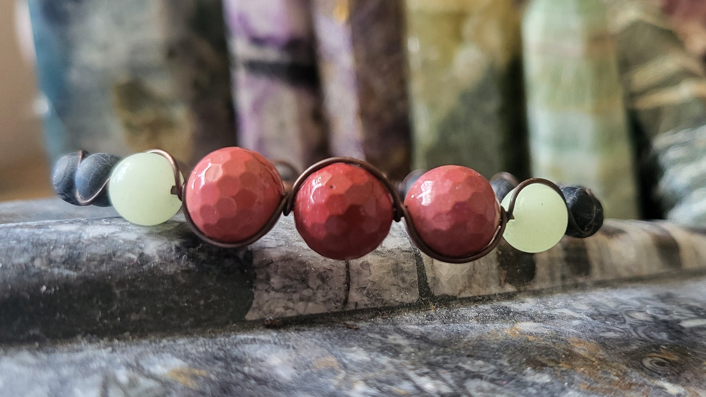 Copper Wire Wrap Stone Bead Bracelet Sz. 6.75