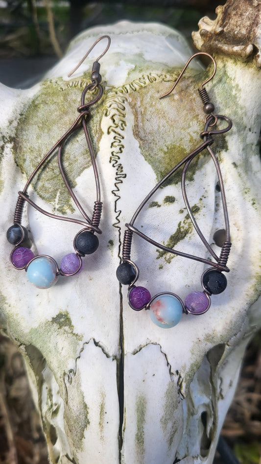 Black Agate, Purple Agate and Shoushan Stone Oxidized Copper Wire Wrap Earrings